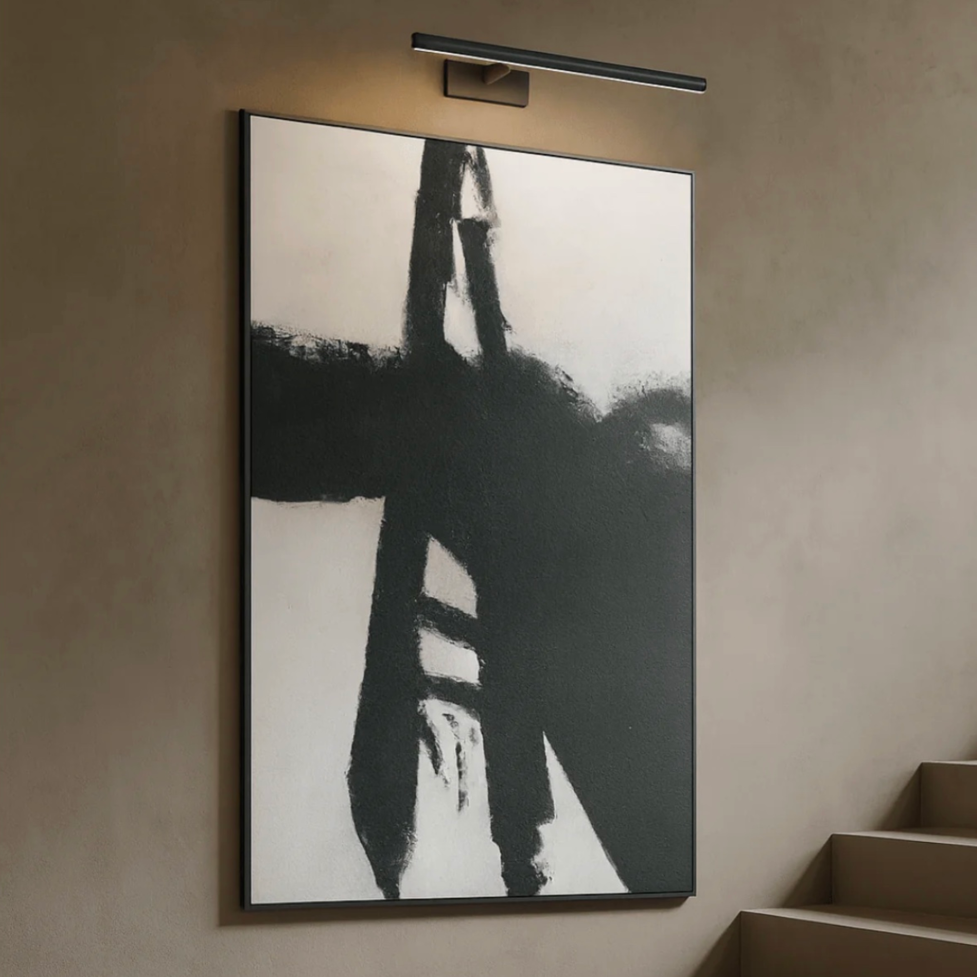 Large contemporary black and white wall art with hand-painted textured canvas and black frame, designed for modern living spaces.