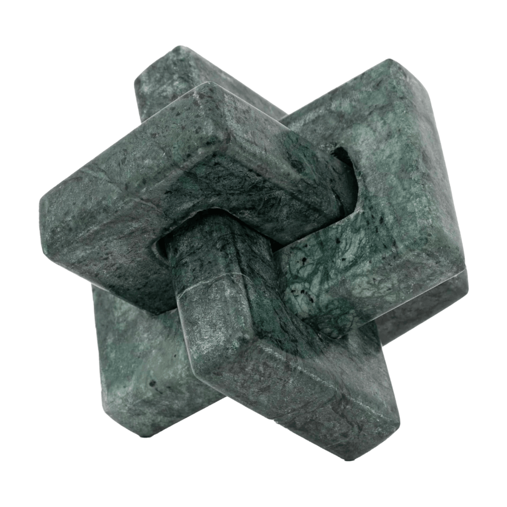 Luxury green marble sculpture with an interlocking square design, hand carved to bring texture and elegance to modern interiors.