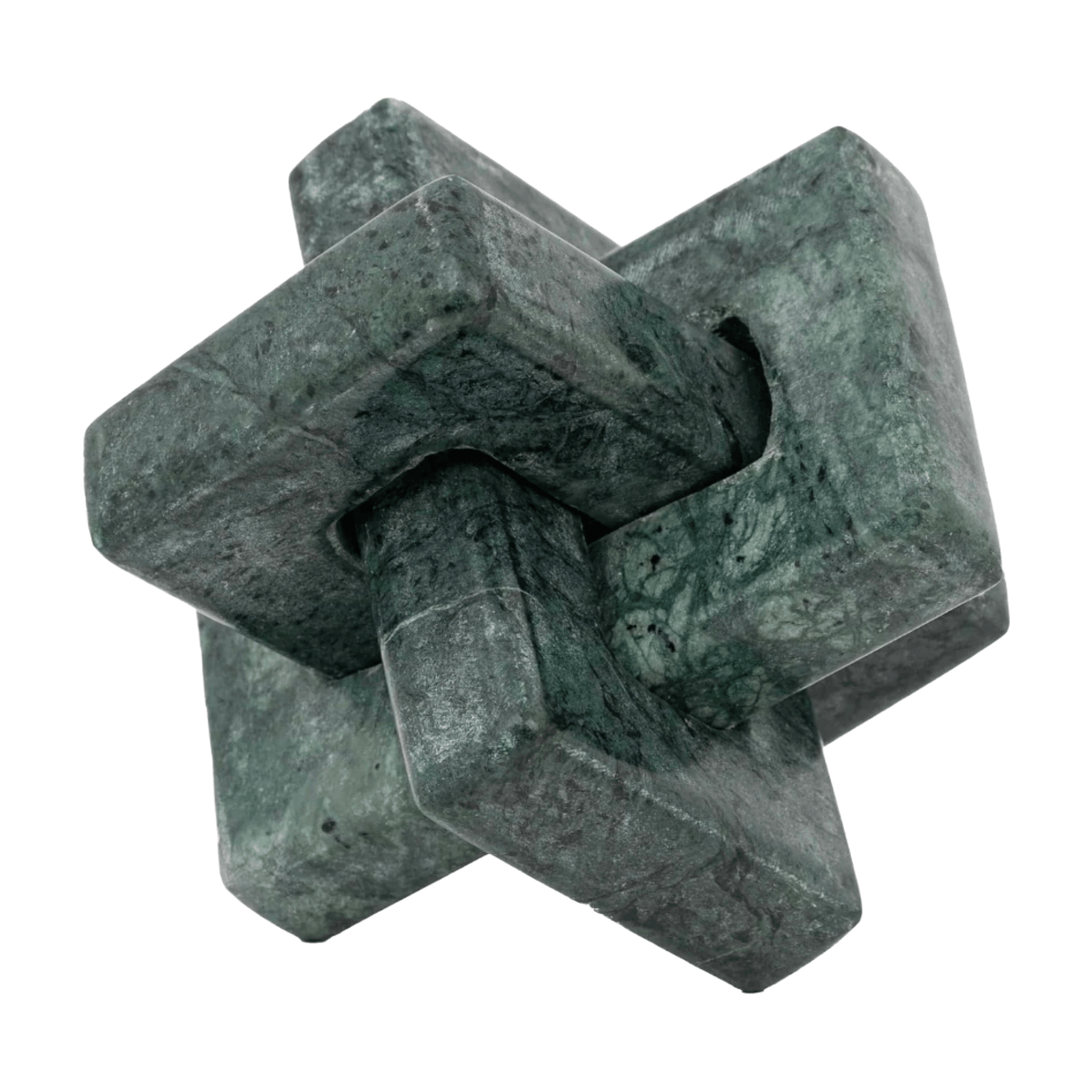 Luxury green marble sculpture with an interlocking square design, hand carved to bring texture and elegance to modern interiors.