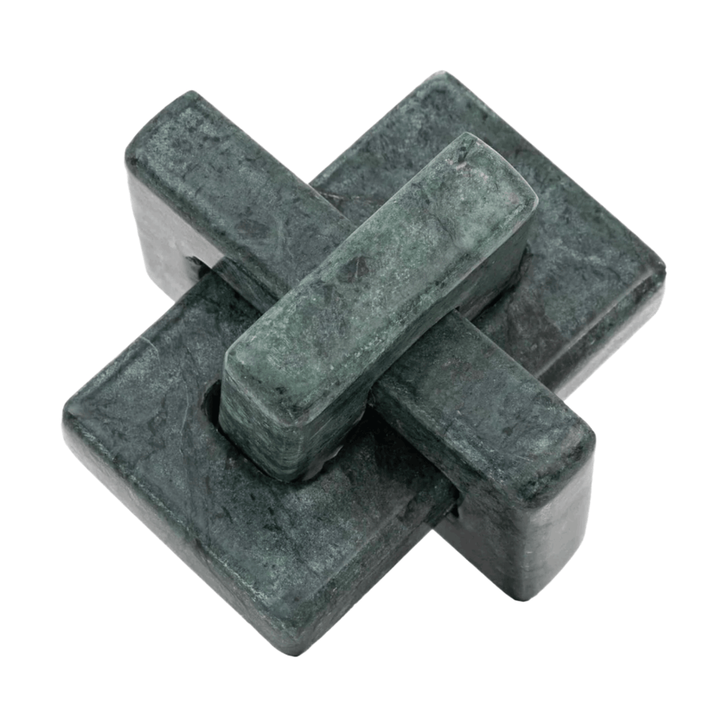 Luxury green marble sculpture with an interlocking square design, hand carved to bring texture and elegance to modern interiors.