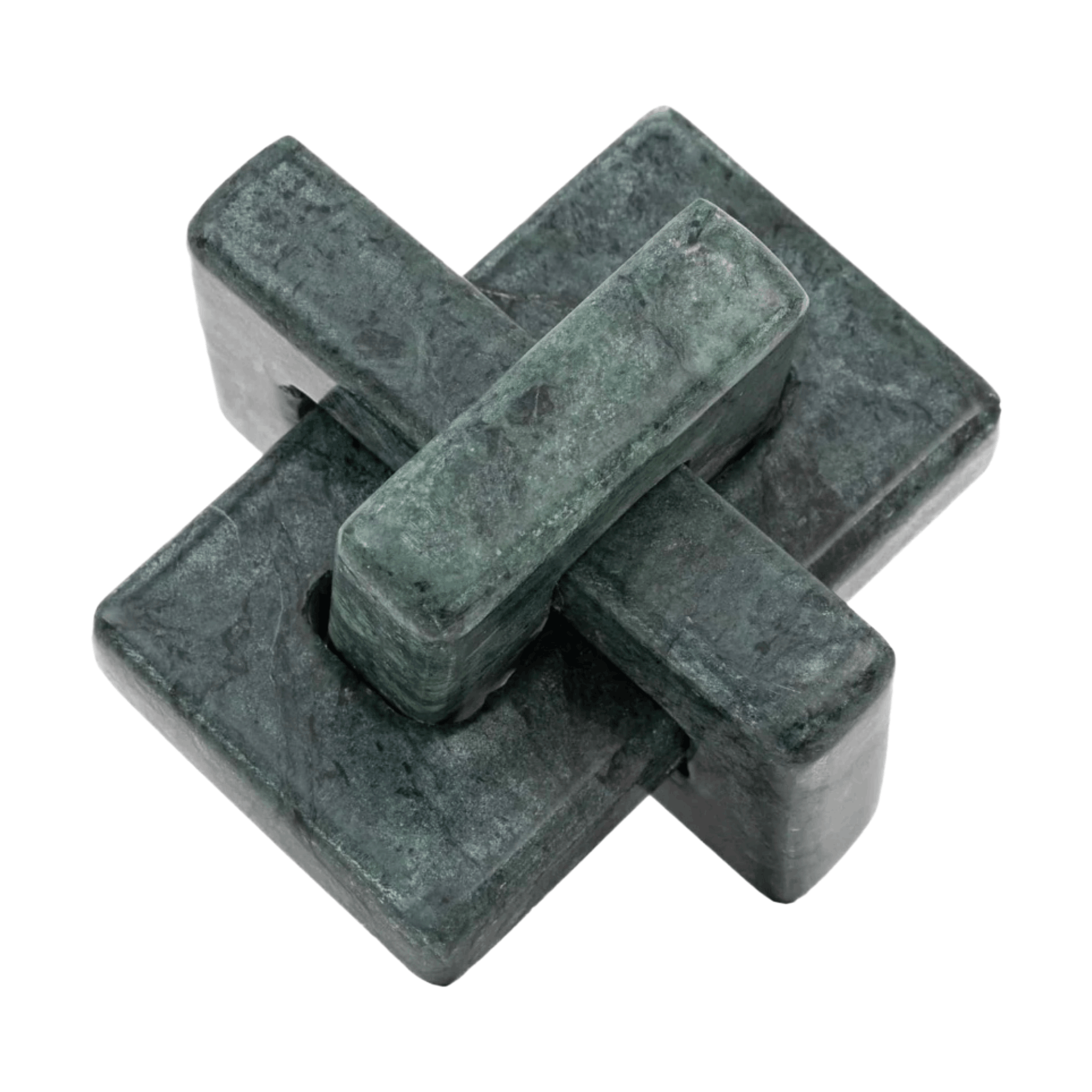 Luxury green marble sculpture with an interlocking square design, hand carved to bring texture and elegance to modern interiors.