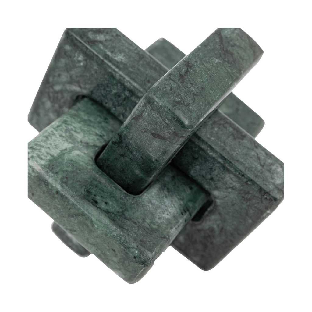 Luxury green marble sculpture with an interlocking square design, hand carved to bring texture and elegance to modern interiors.