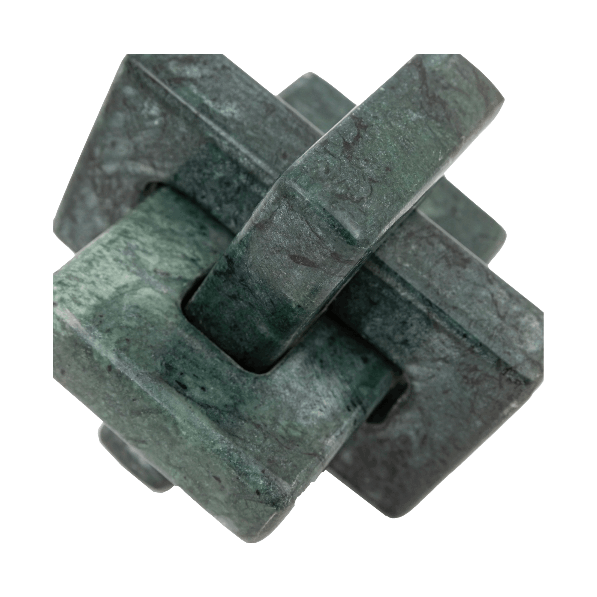 Luxury green marble sculpture with an interlocking square design, hand carved to bring texture and elegance to modern interiors.