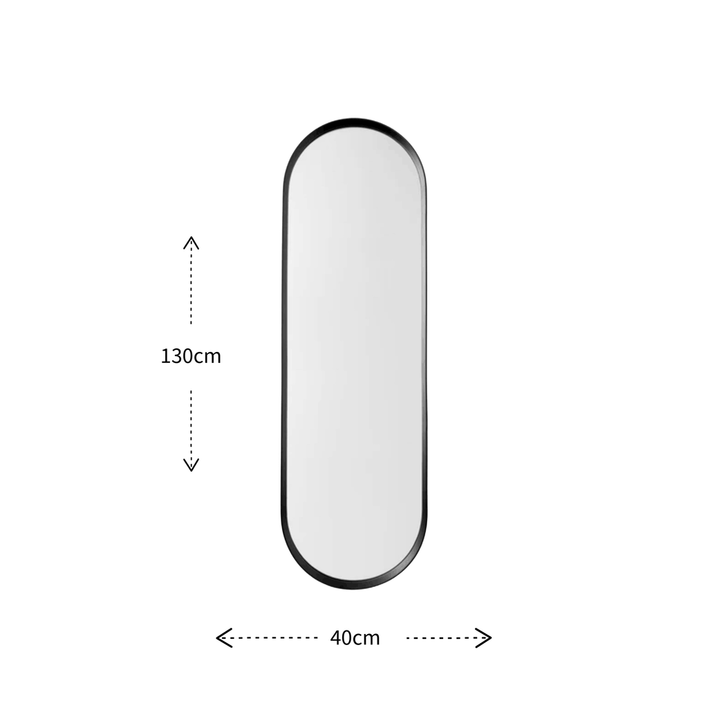 The Audo Copenhagen Norm Mirror on a white background with size arrows showing the dimensions width 40cm and height 130cm
