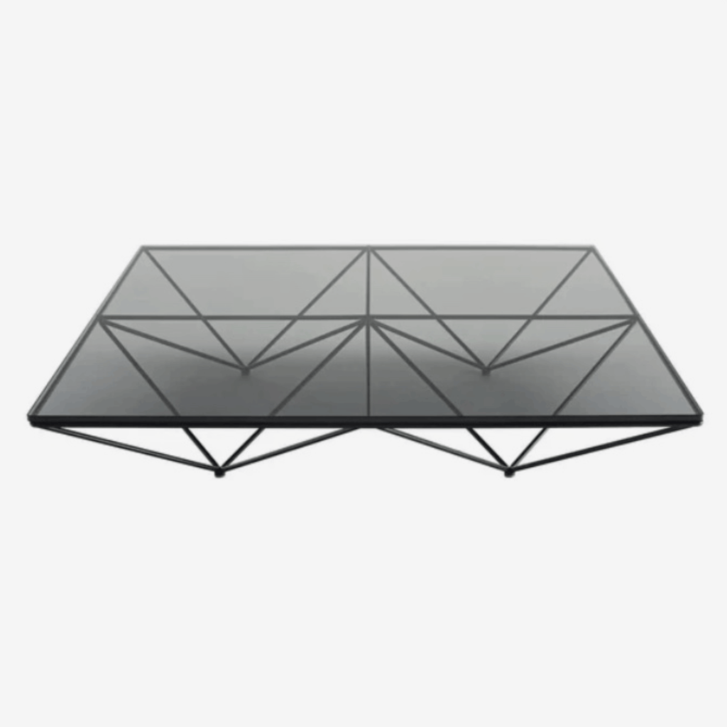 B&B Italia Alanda 18' square coffee table with smokey glass top and geometric painted steel frame by Paolo Piva.