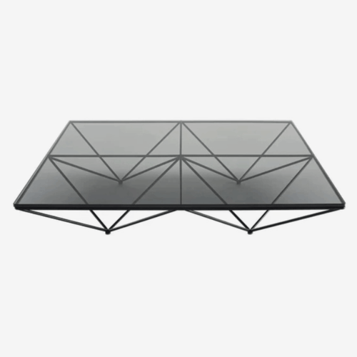 B&B Italia Alanda 18' square coffee table with smokey glass top and geometric painted steel frame by Paolo Piva.
