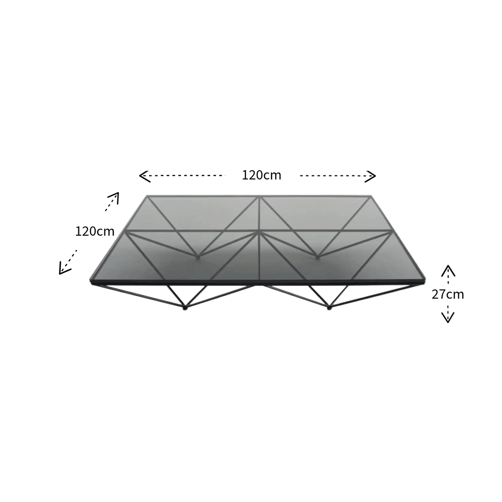 A technical dimension diagram of a square coffee table with a geometric triangular support frame, showing measurements of 120cm by 120cm and a height of 27cm on a white background.