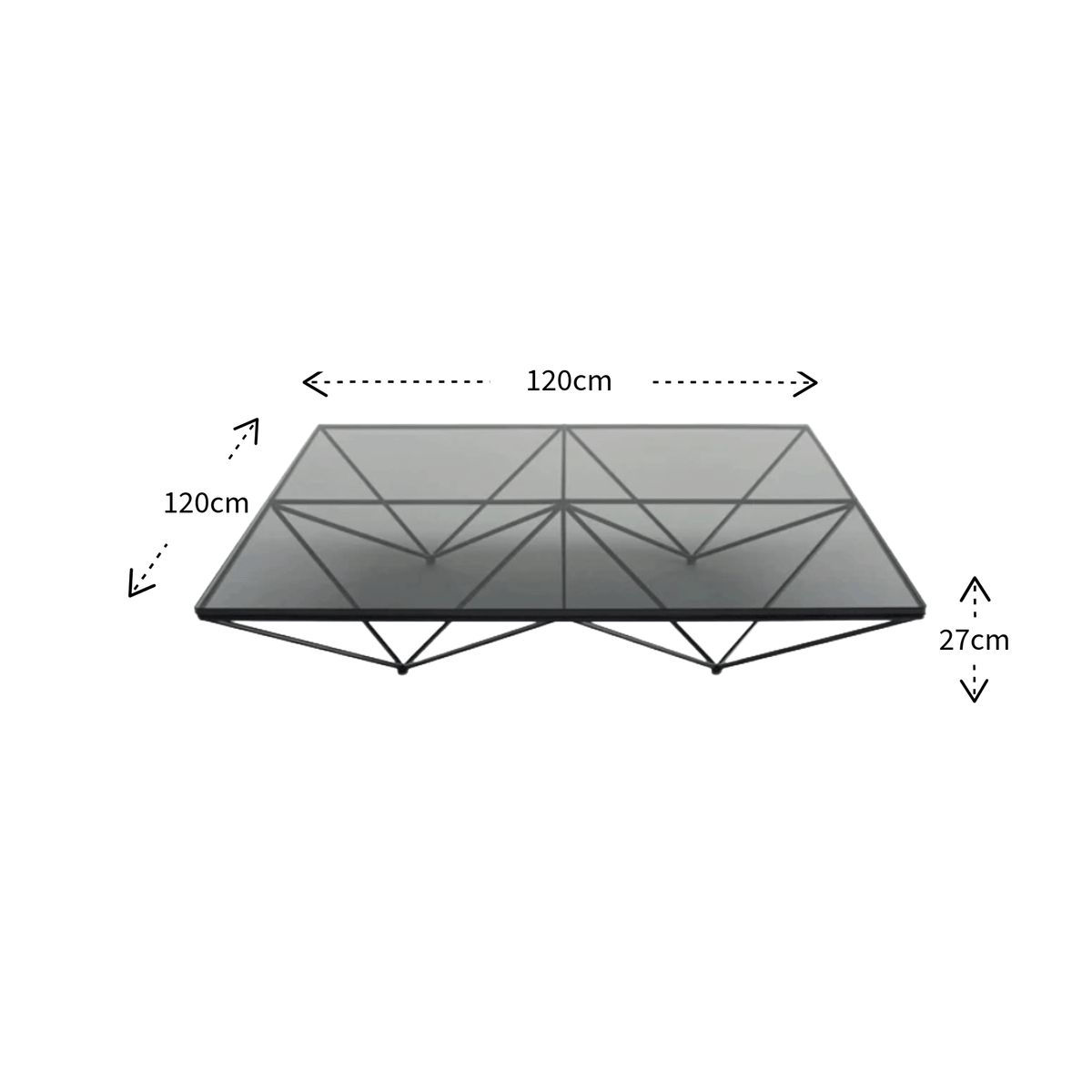 A technical dimension diagram of a square coffee table with a geometric triangular support frame, showing measurements of 120cm by 120cm and a height of 27cm on a white background.