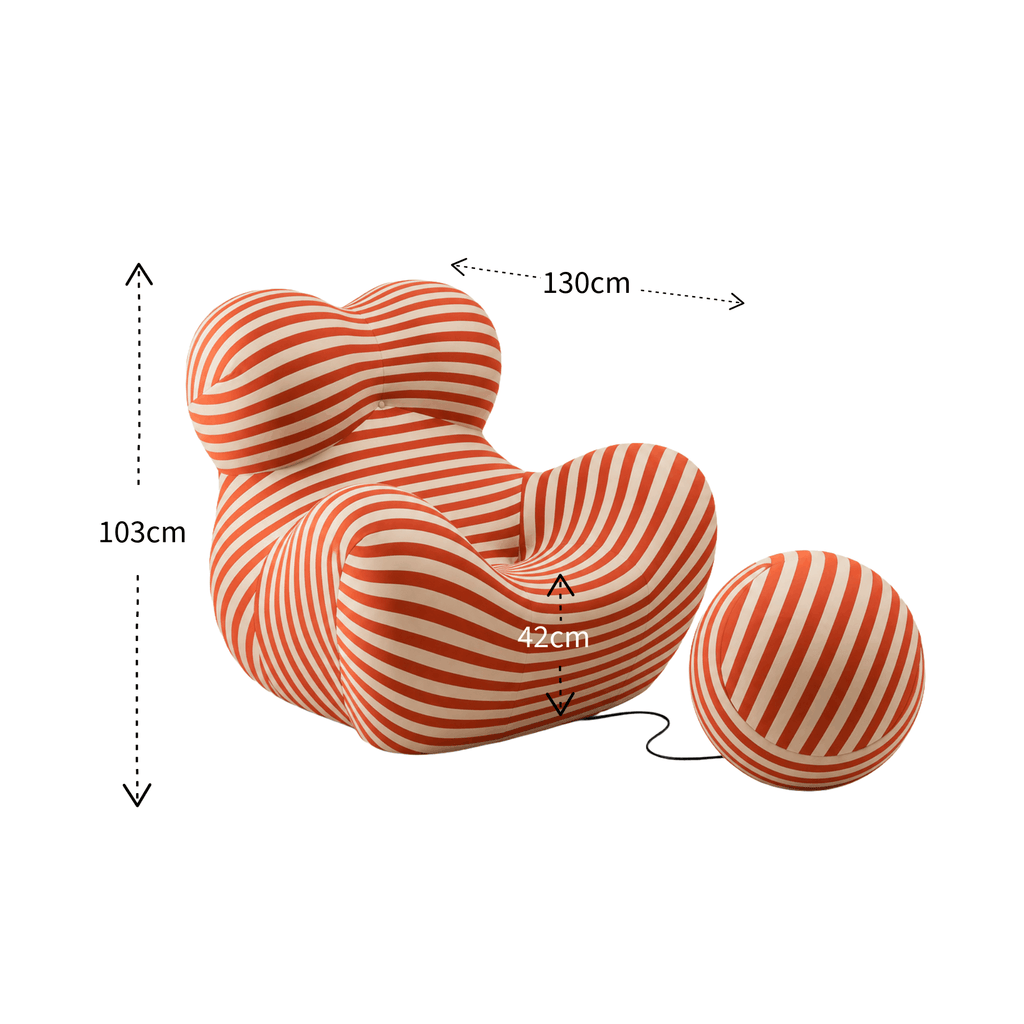 Red and white striped bean bag chair with measurements on a white background