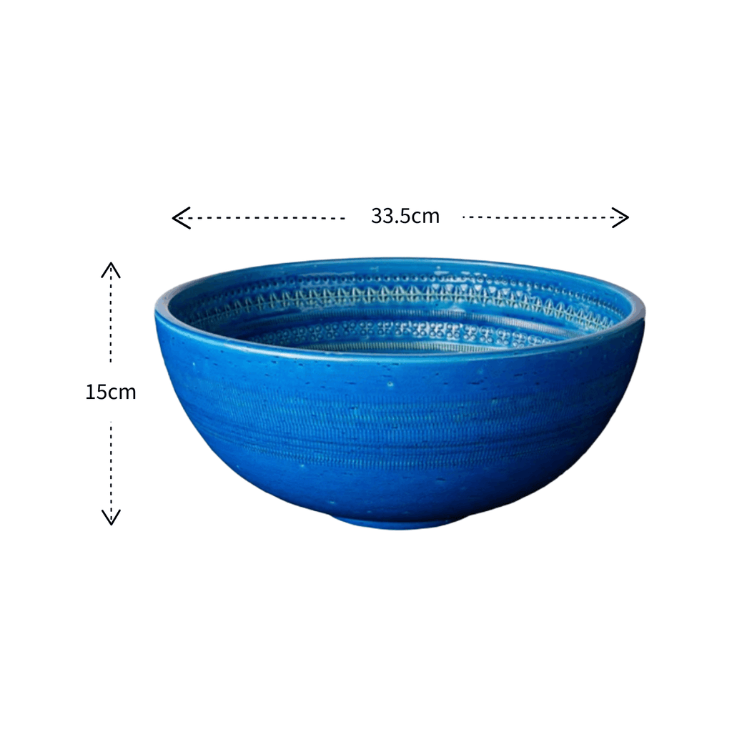 A blue ceramic bowl shown on a white background with dimension arrows and labels indicating a width of 33.5 cm and a height of 15 cm.