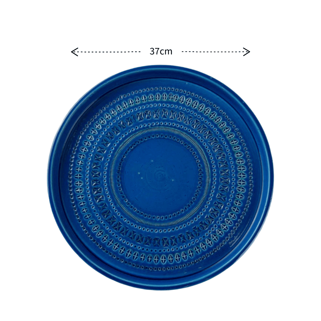 A round blue ceramic plate with embossed concentric decorative patterns, shown from a top-down view with a 37cm dimension marker above it.