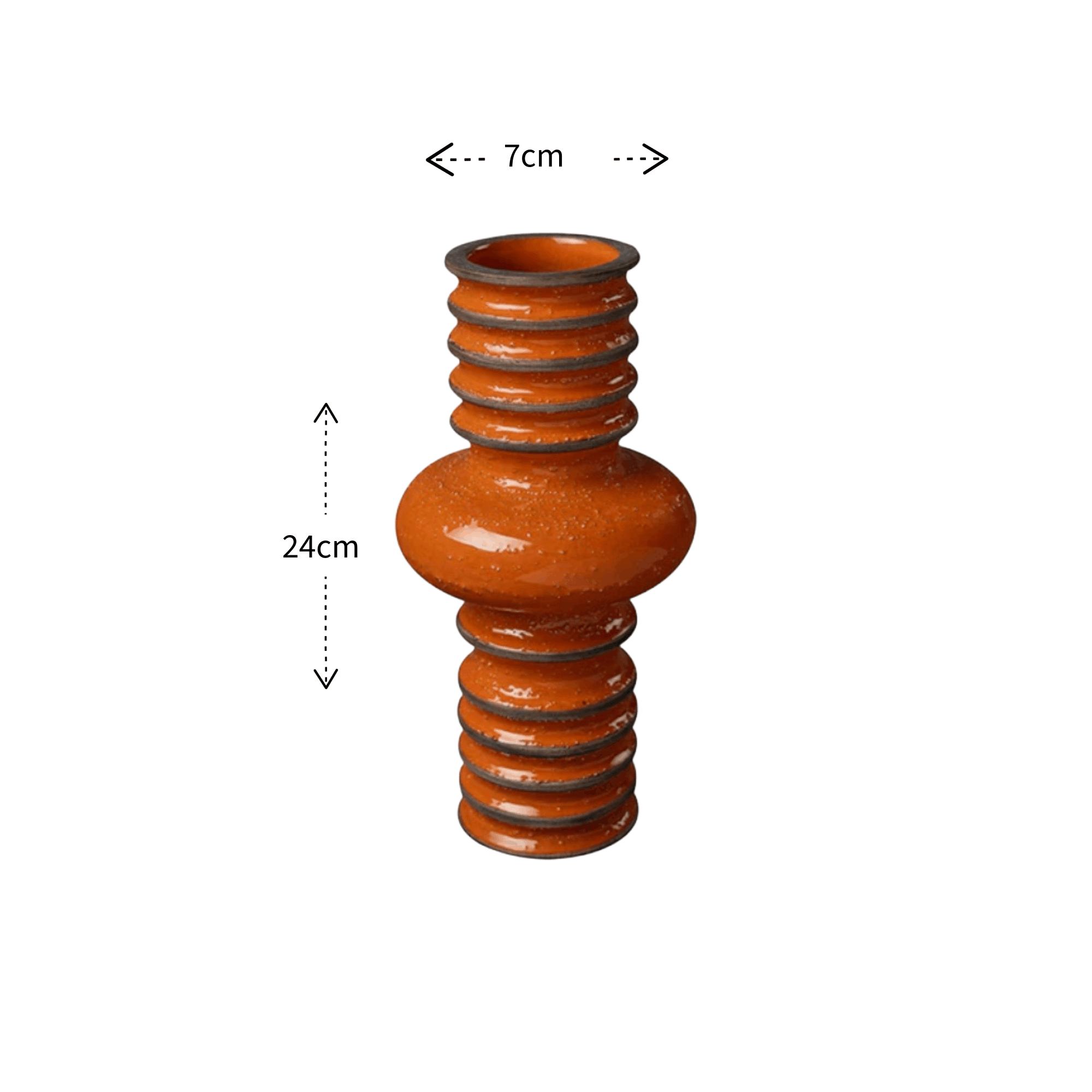 An orange-brown ceramic vase with a textured, ribbed design and a bulbous center, shown with dimension annotations indicating a height of 24cm and a neck width of 7cm.