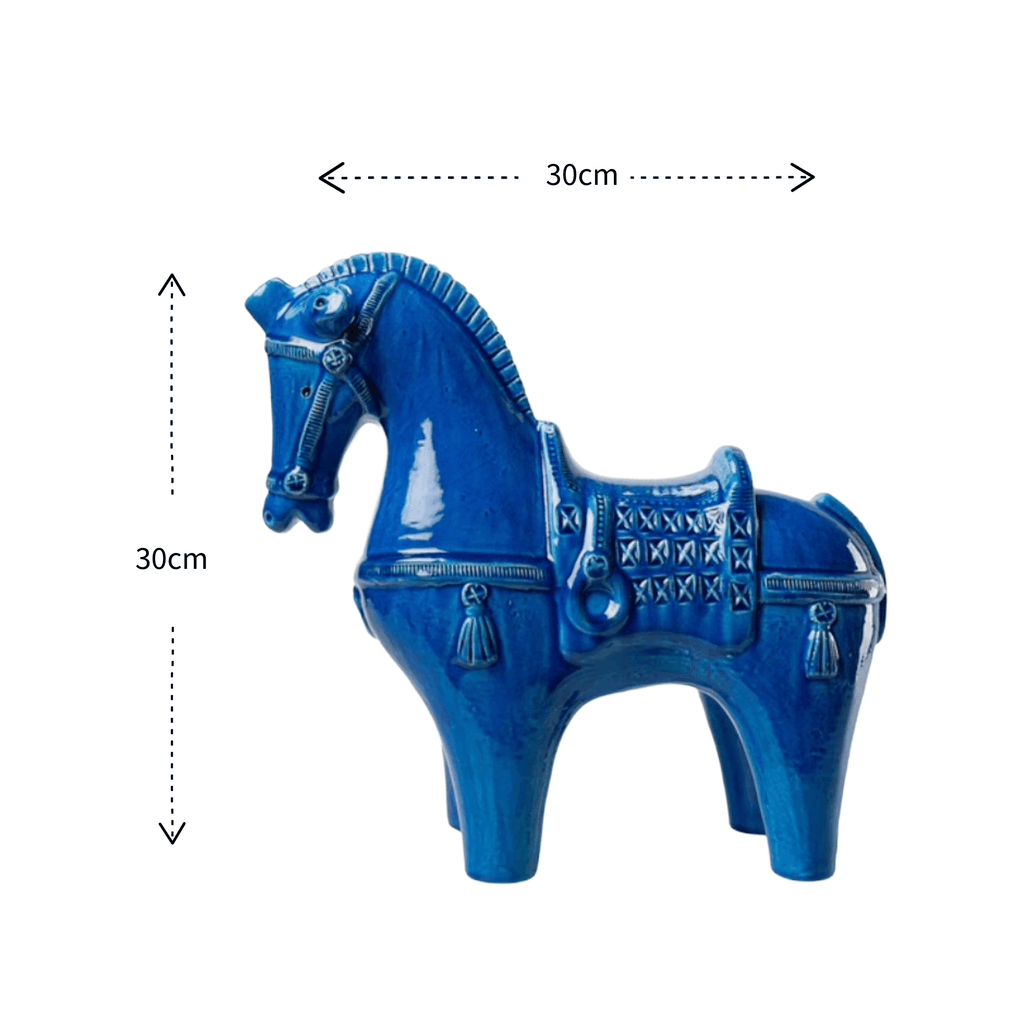 A glossy blue ceramic horse figurine shown on a white background with dimension arrows and labels indicating a height and width of 30cm.