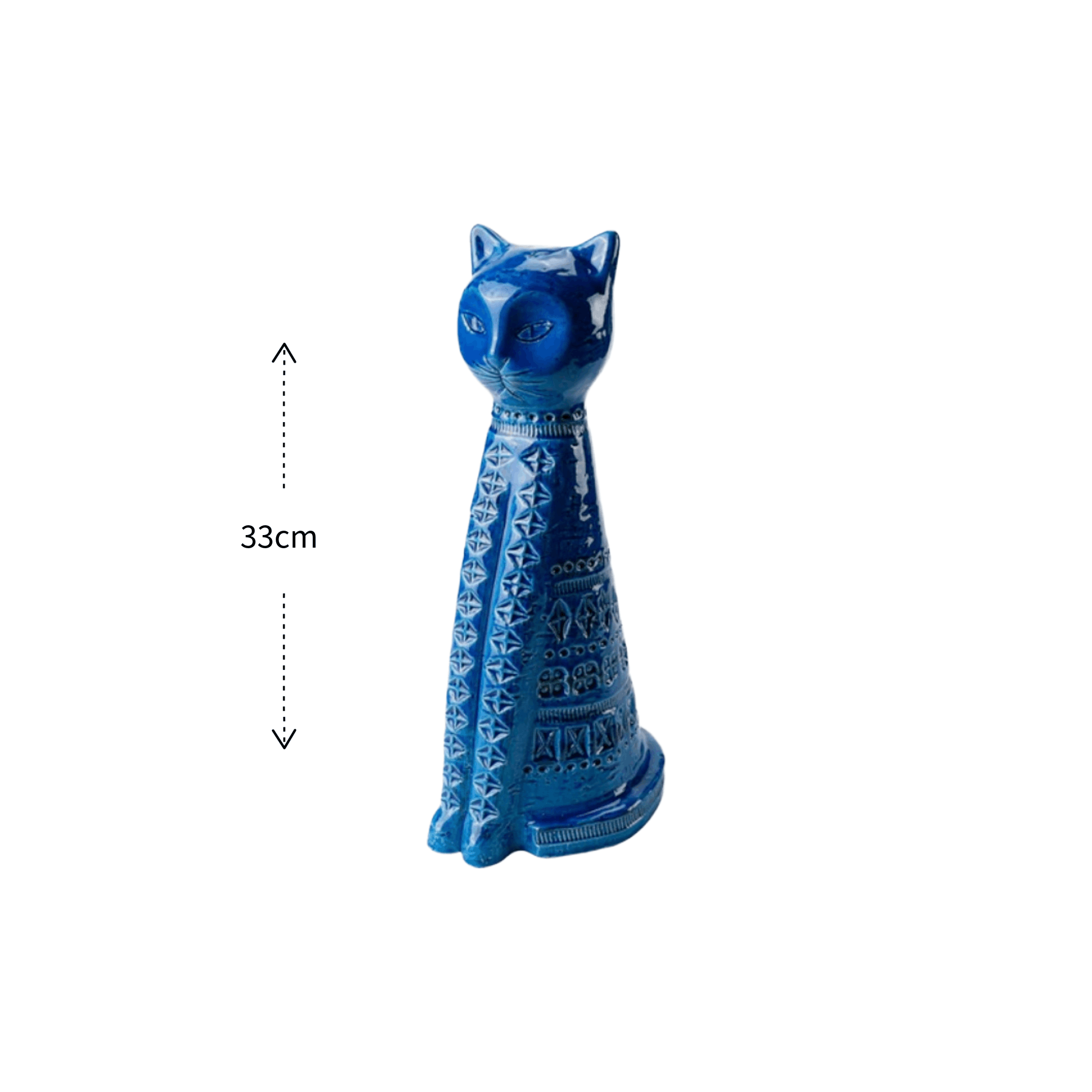A small glossy blue cat figurine with decorative geometric patterns, shown on a white background with a vertical dimension marker indicating 33cm height.