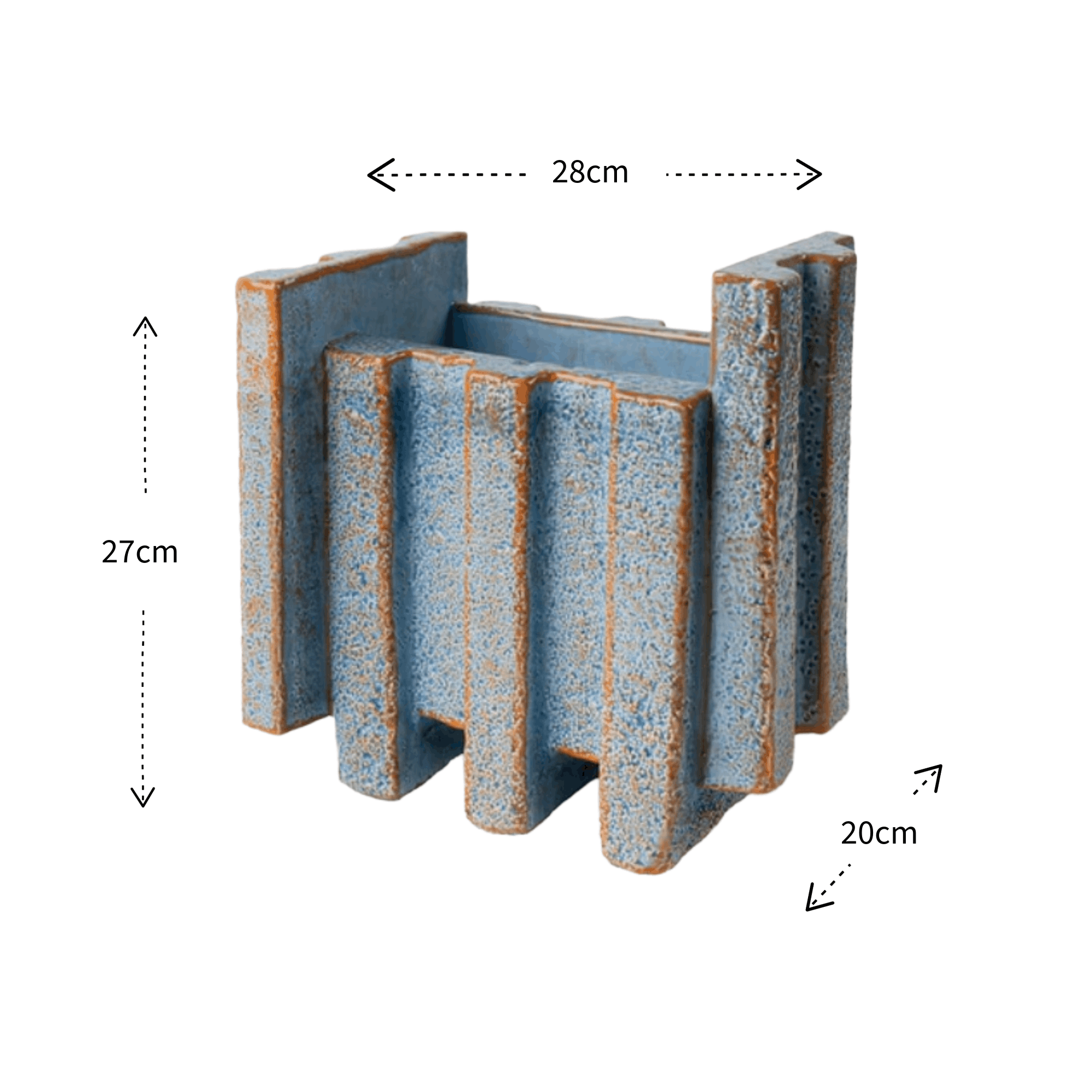 A blue textured vase with a rustic brown-orange glazed edge, shown with dimension lines indicating 27cm height, 28cm top width, and 20cm front width on a white background.