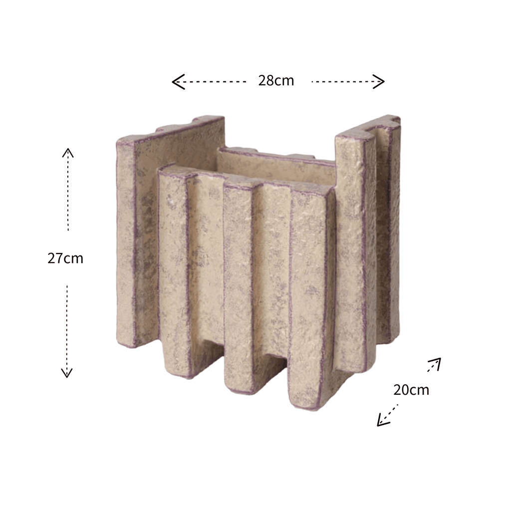 A vase with a textured stone-like finish, shown with dimension annotations indicating a height of 27cm, width of 28cm, and depth of 20cm.
