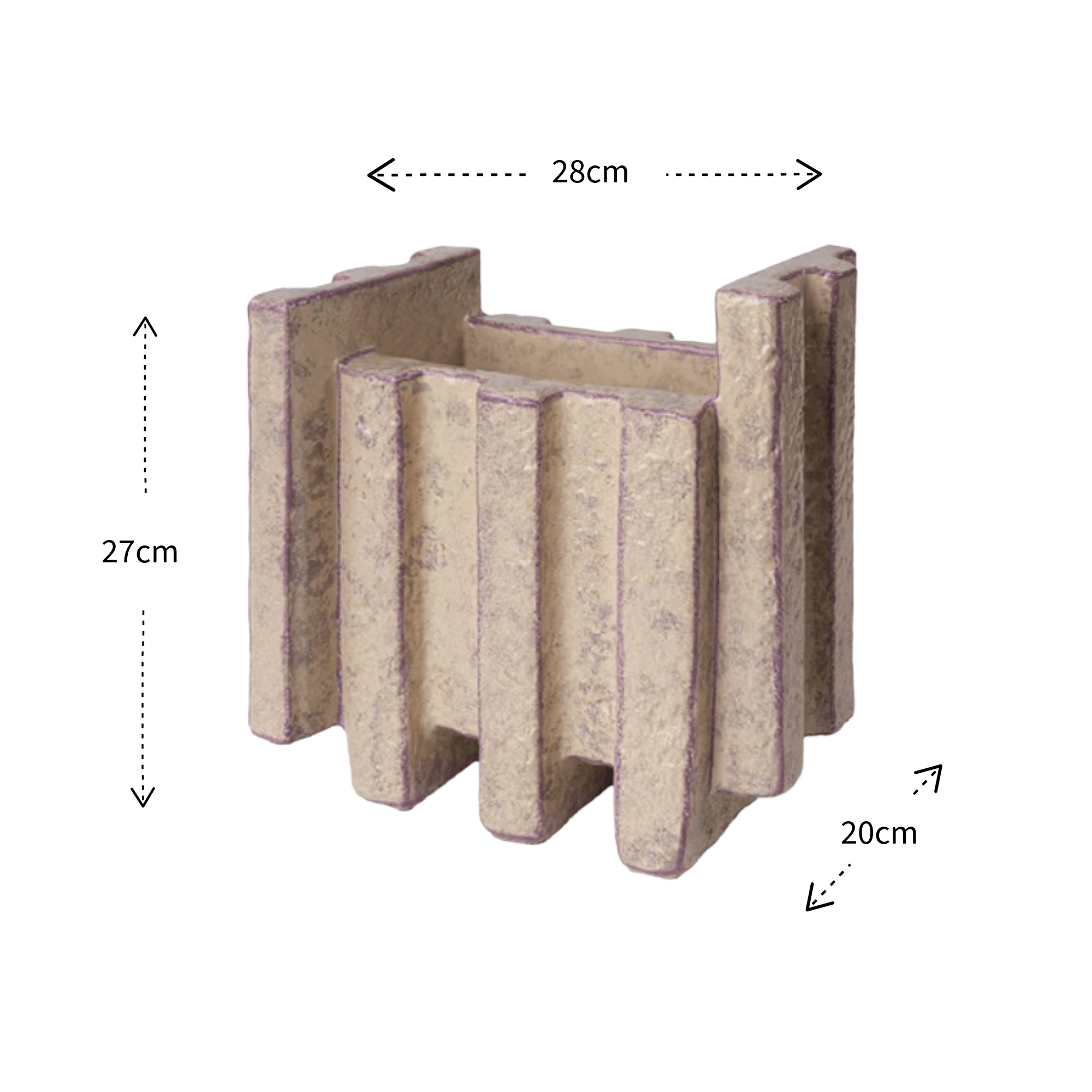 A vase with a textured stone-like finish, shown with dimension annotations indicating a height of 27cm, width of 28cm, and depth of 20cm.