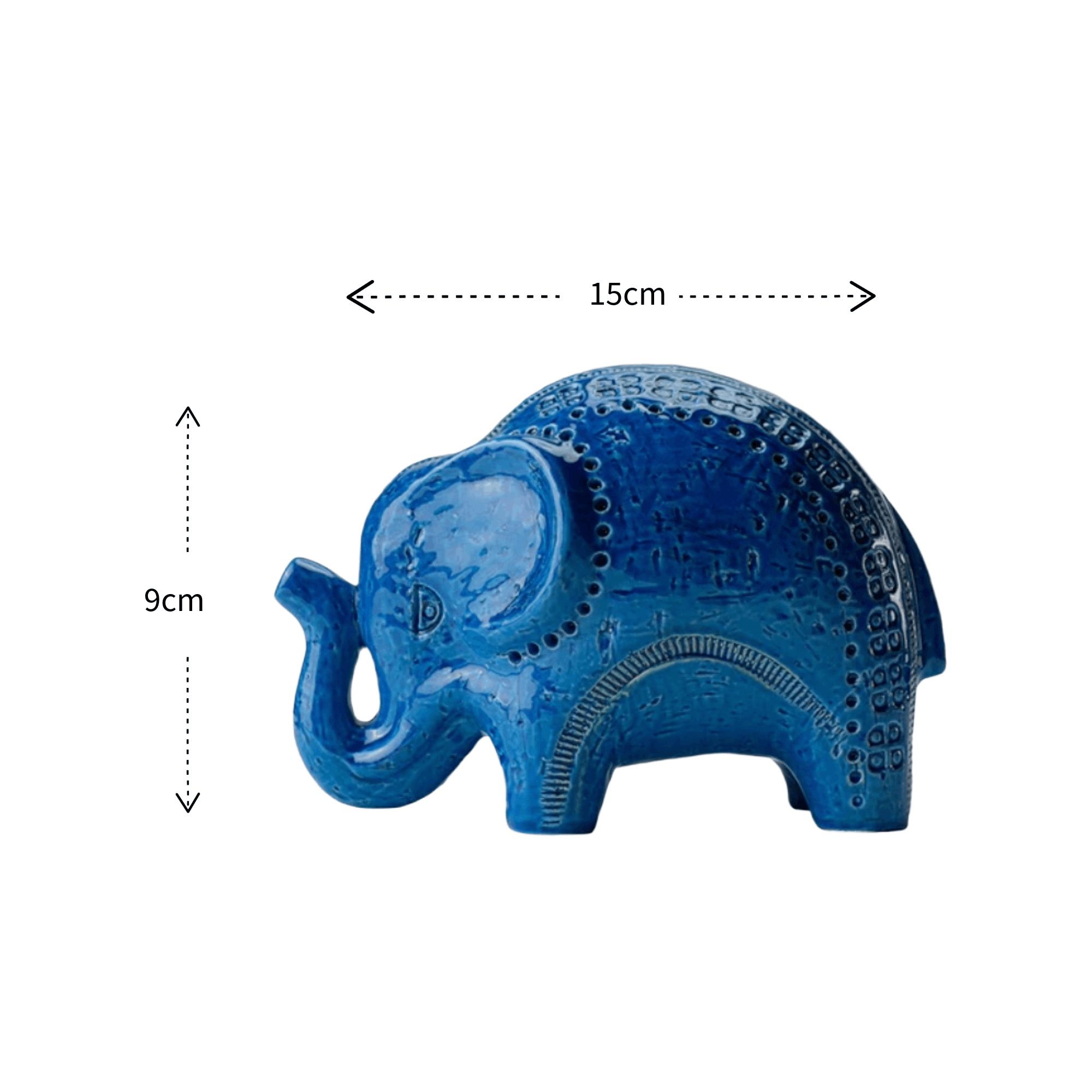 A small glossy blue elephant figurine shown on a white background with dimension arrows and labels indicating 24 cm height and 7 cm width.