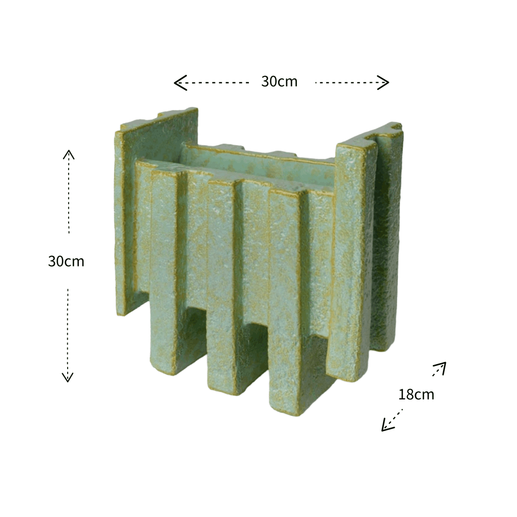 A green textured vasewith dimension markings showing a height of 30cm, width of 30cm, and depth of 18cm on a white background.