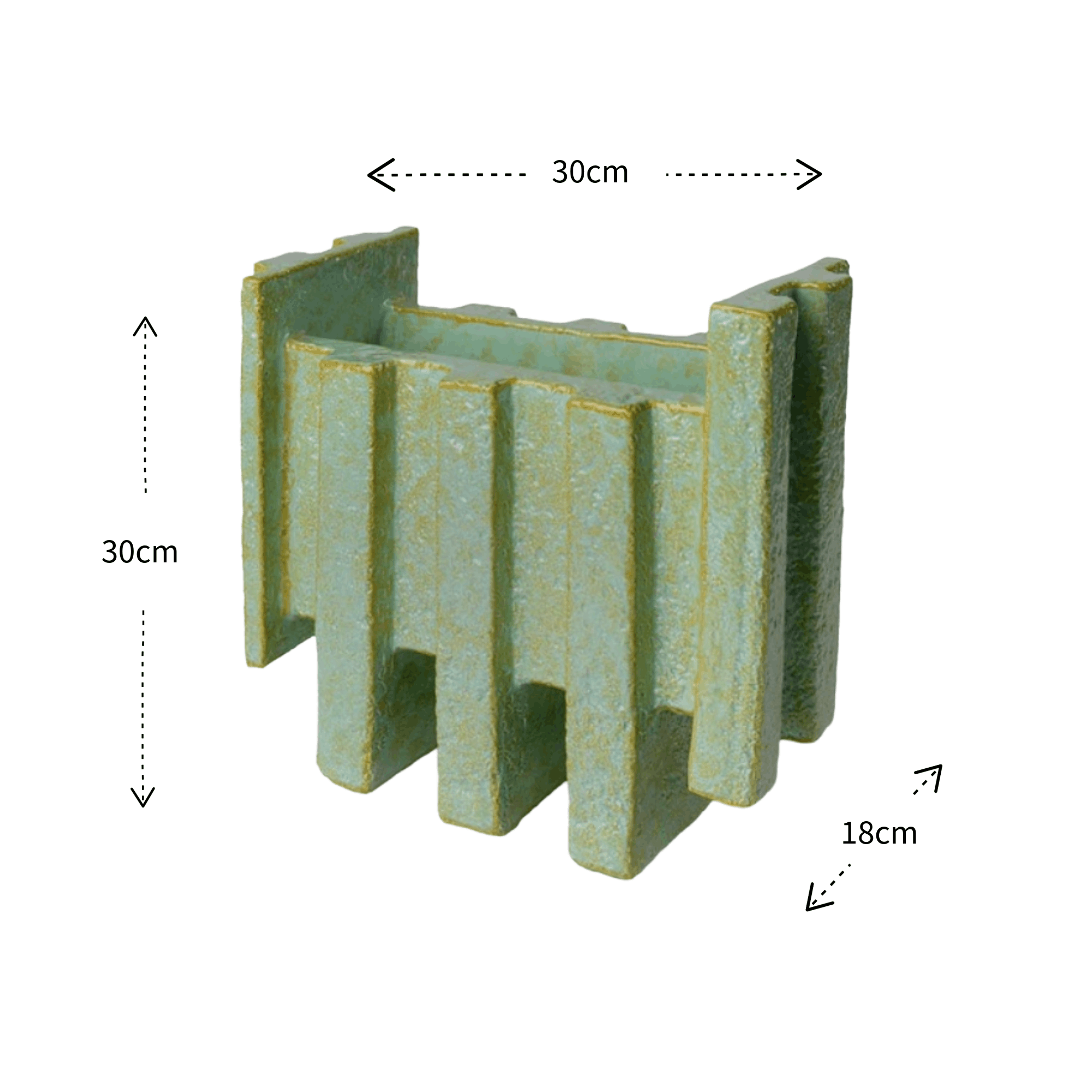A green textured vasewith dimension markings showing a height of 30cm, width of 30cm, and depth of 18cm on a white background.