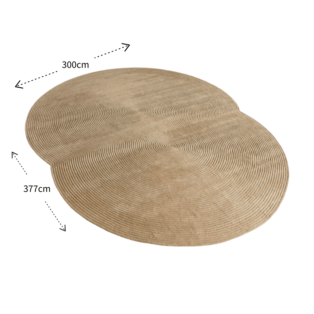 Round beige Bolia Zen rug with measurements on a white background