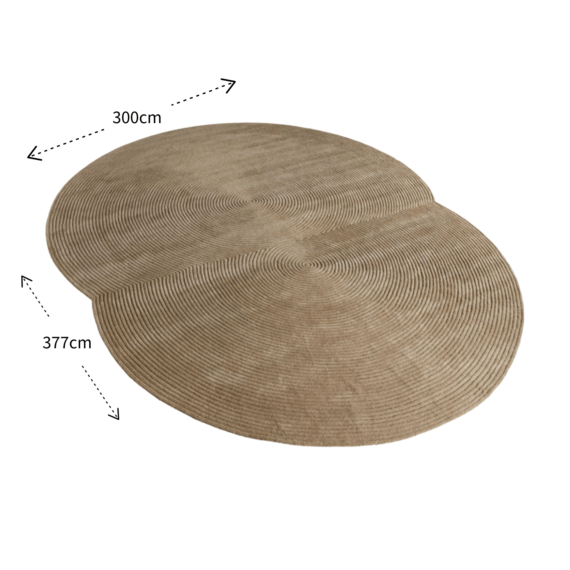 Round beige Bolia Zen rug with measurements on a white background