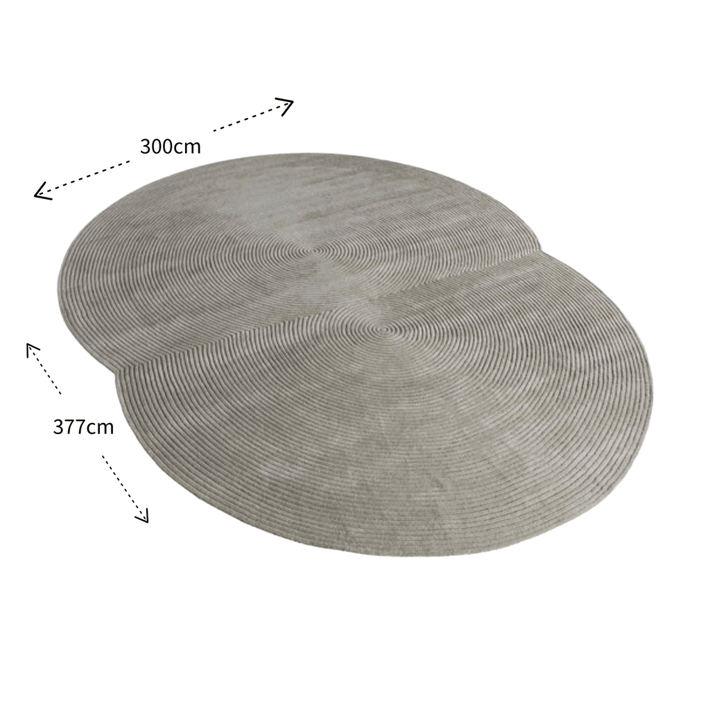 Round beige Bolia Zen rug with measurements on a white background
