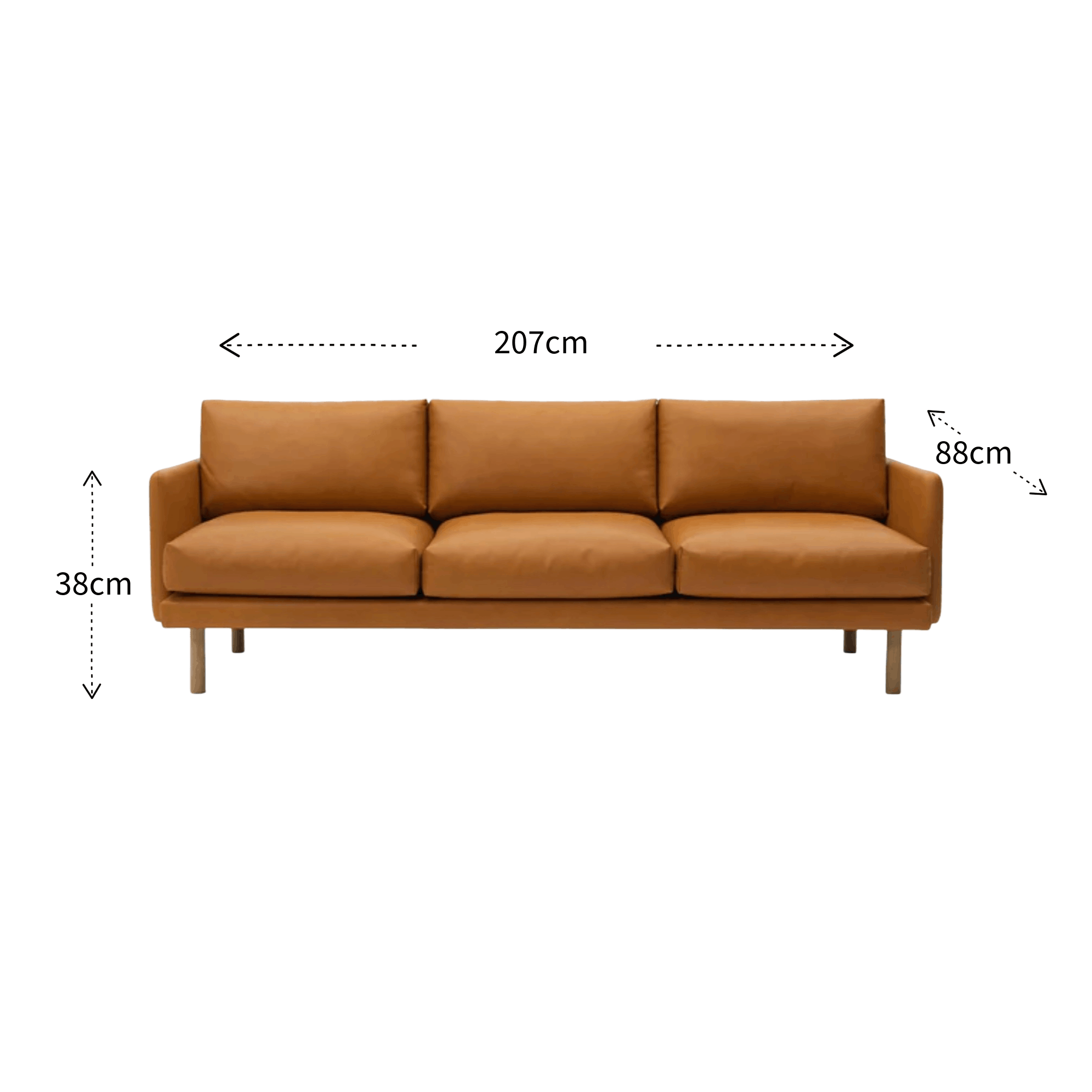 Brown sofa with dimensions labeled on a white background