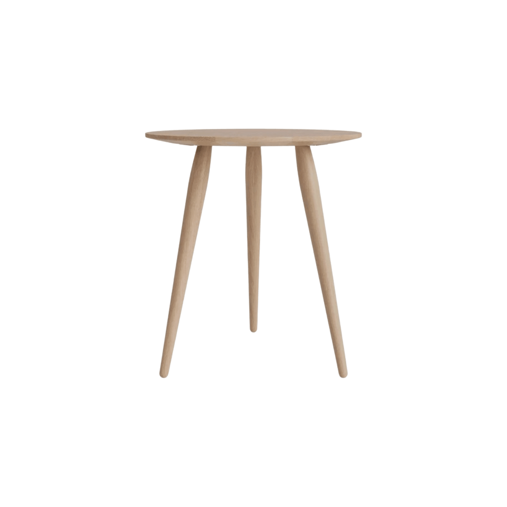 Bruunmunch PLAYround round coffee table in white oiled oak, 45cm diameter and 50cm high.