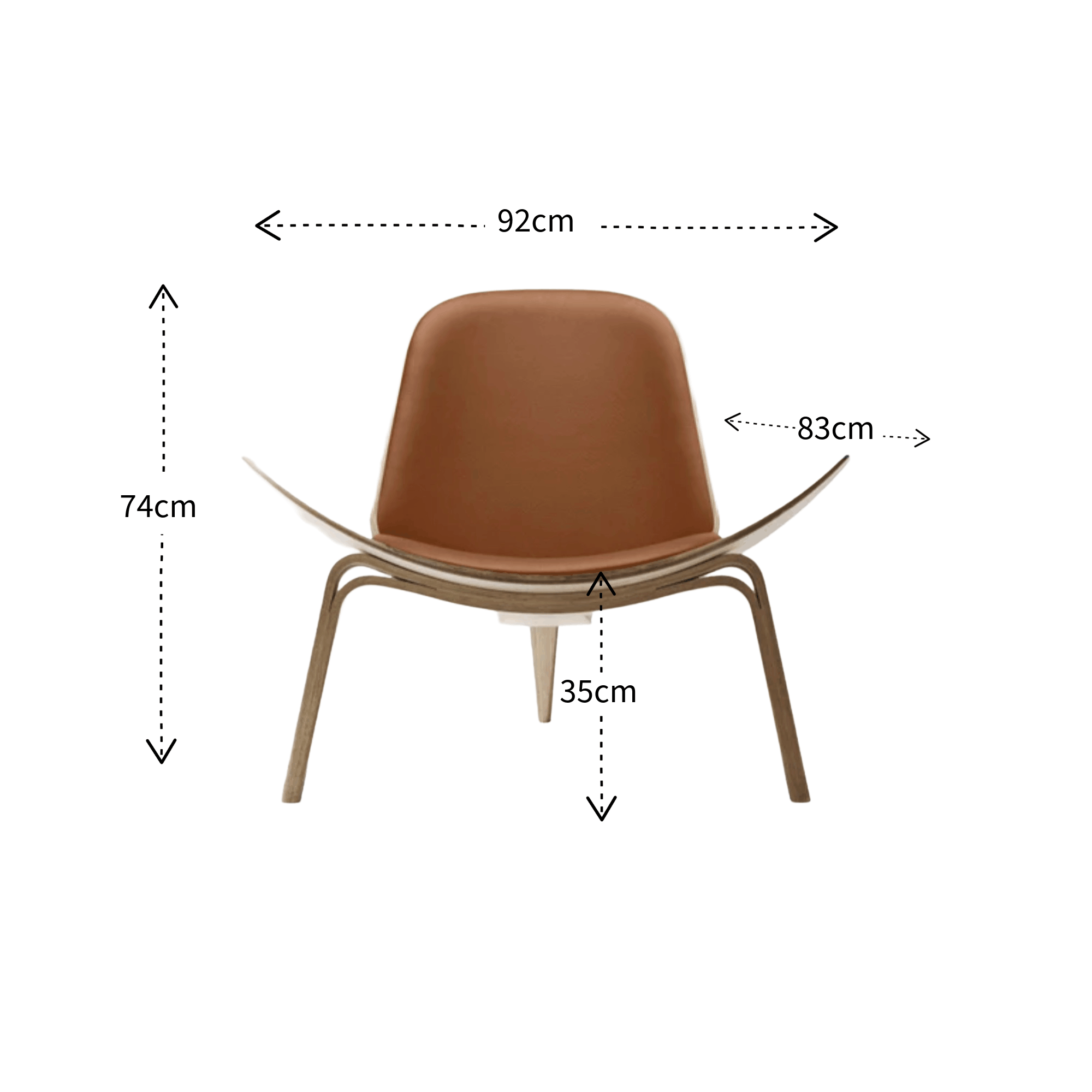 Brown chair with dimensions labeled on a white background