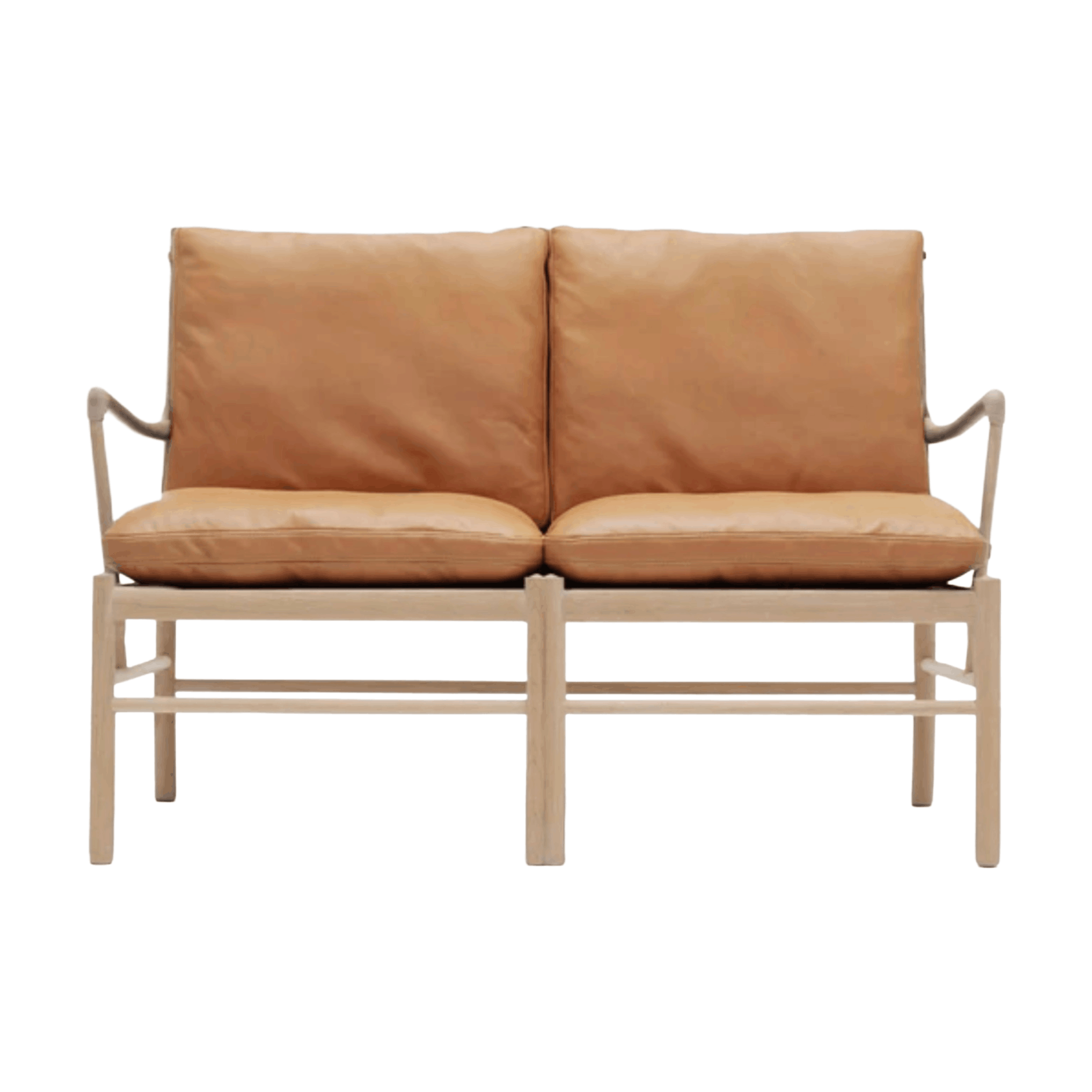 Tan leather sofa with wooden frame on a white background