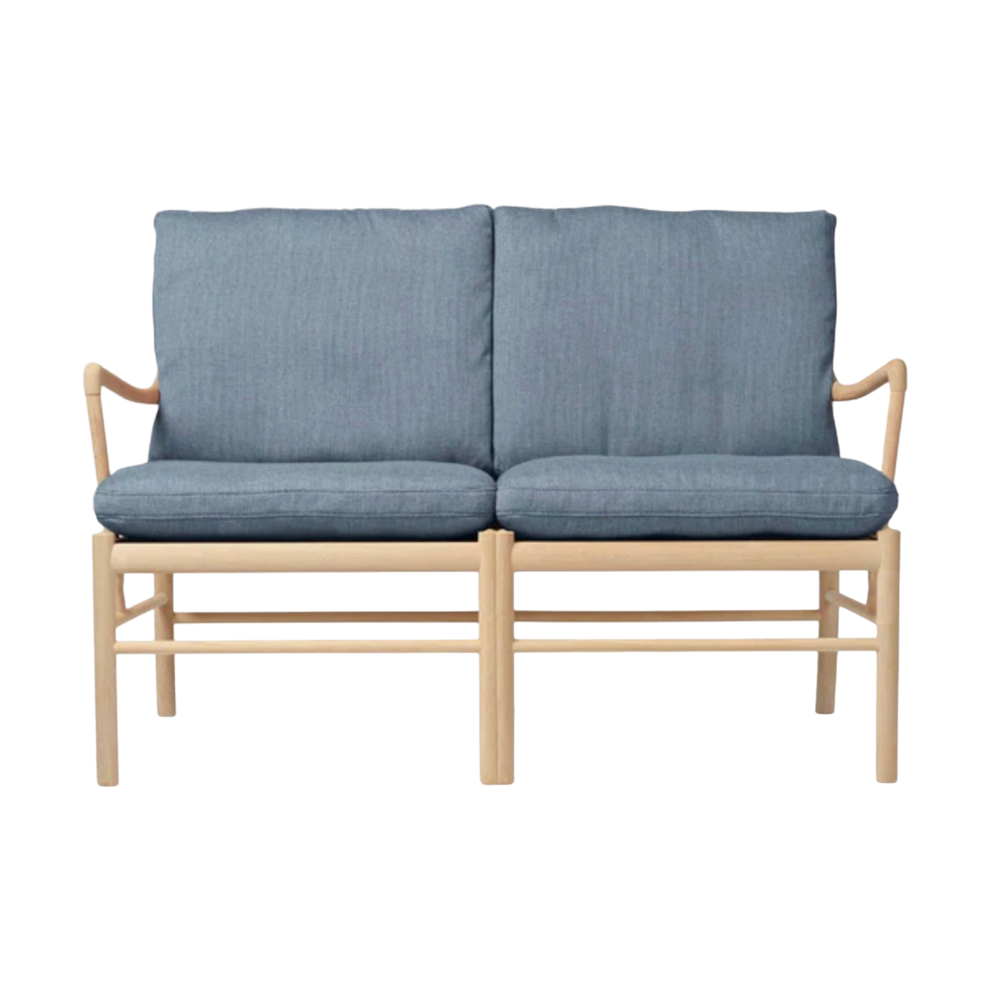 Two-seater sofa with blue cushions and wooden frame on a white background