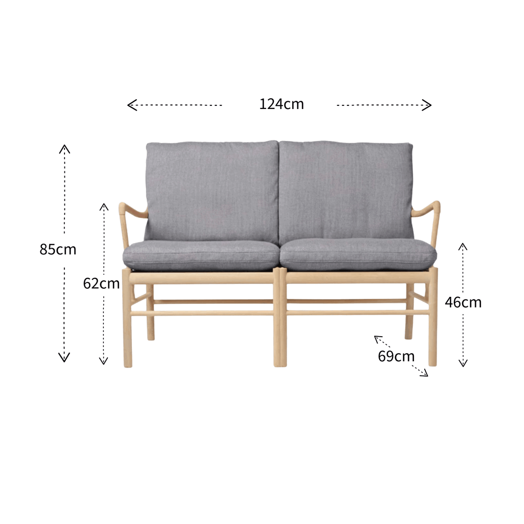 Gray cushioned sofa with dimensions labeled on a white background
