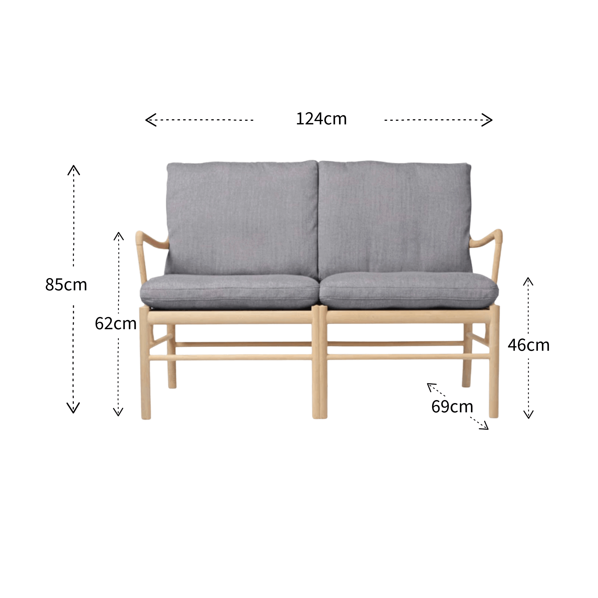 Gray cushioned sofa with dimensions labeled on a white background