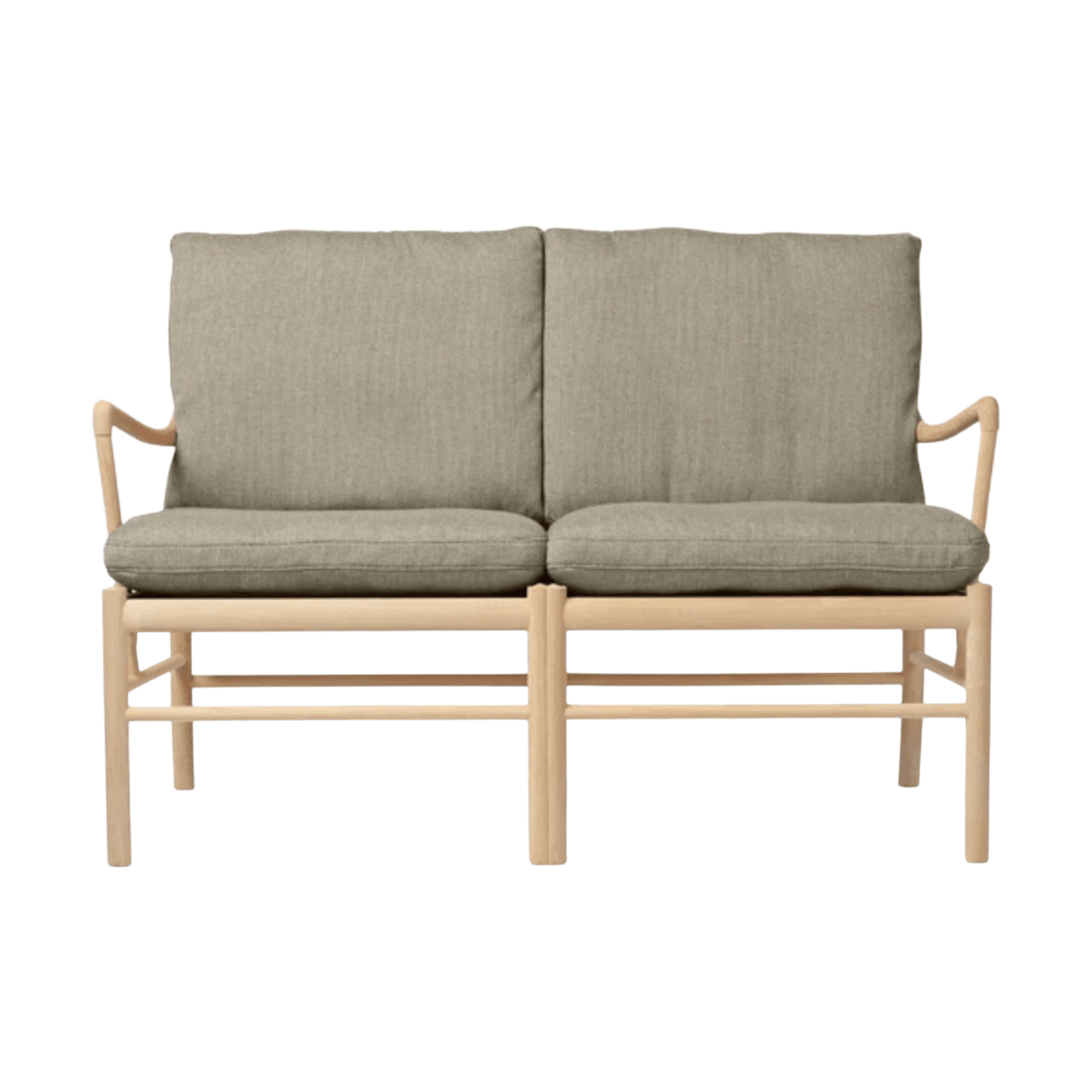 Two-seater sofa with beige frame and green cushions on a white background