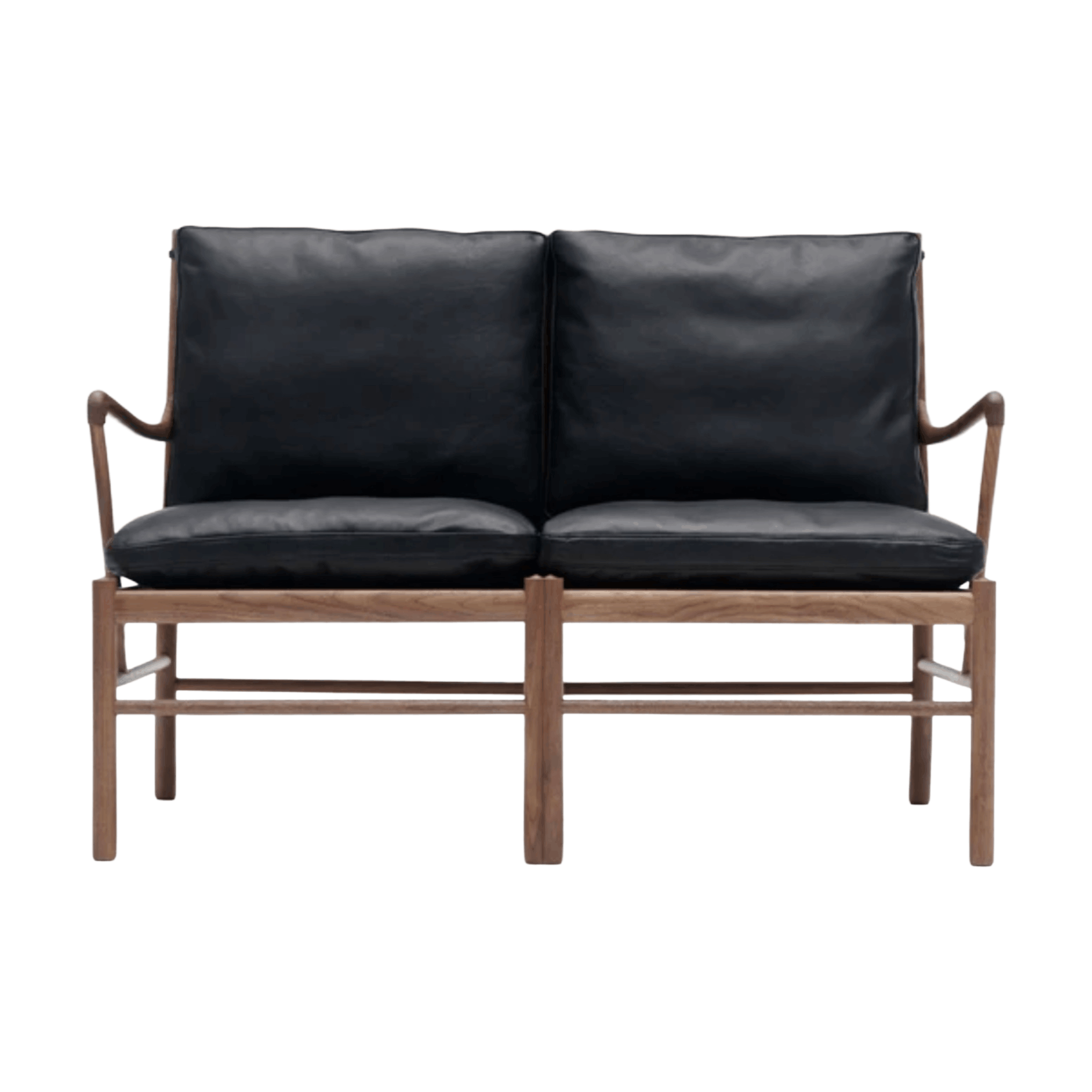 Black leather sofa with wooden frame on a white background