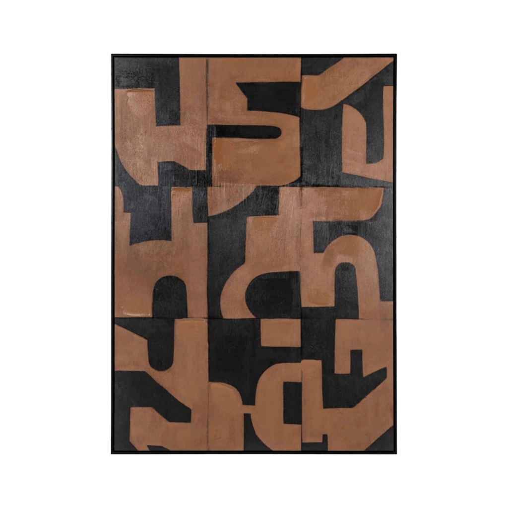 Large brown canvas wall art with tactile texture and contemporary graphic detailing, designed for warm modern living spaces.