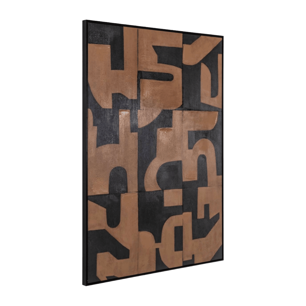 Large brown canvas wall art with tactile texture and contemporary graphic detailing, designed for warm modern living spaces.