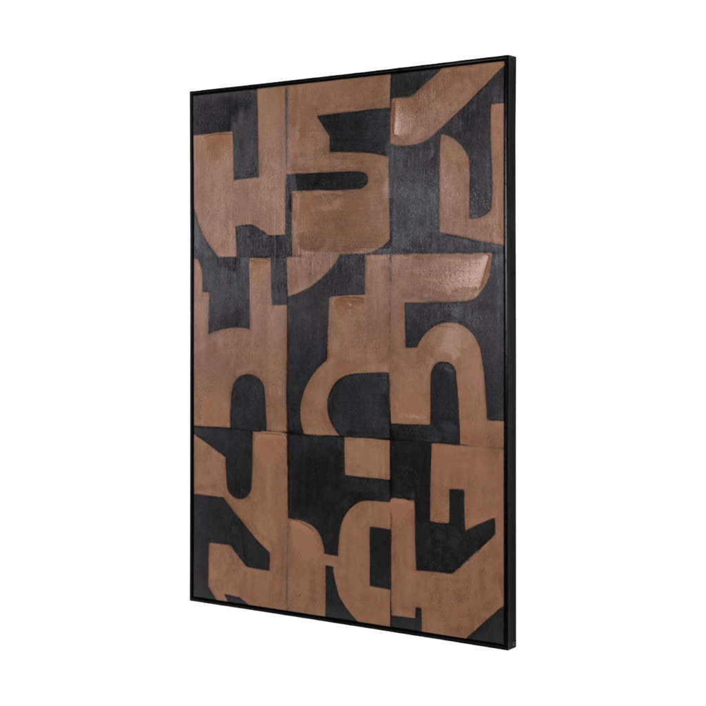 Large brown canvas wall art with tactile texture and contemporary graphic detailing, designed for warm modern living spaces.
