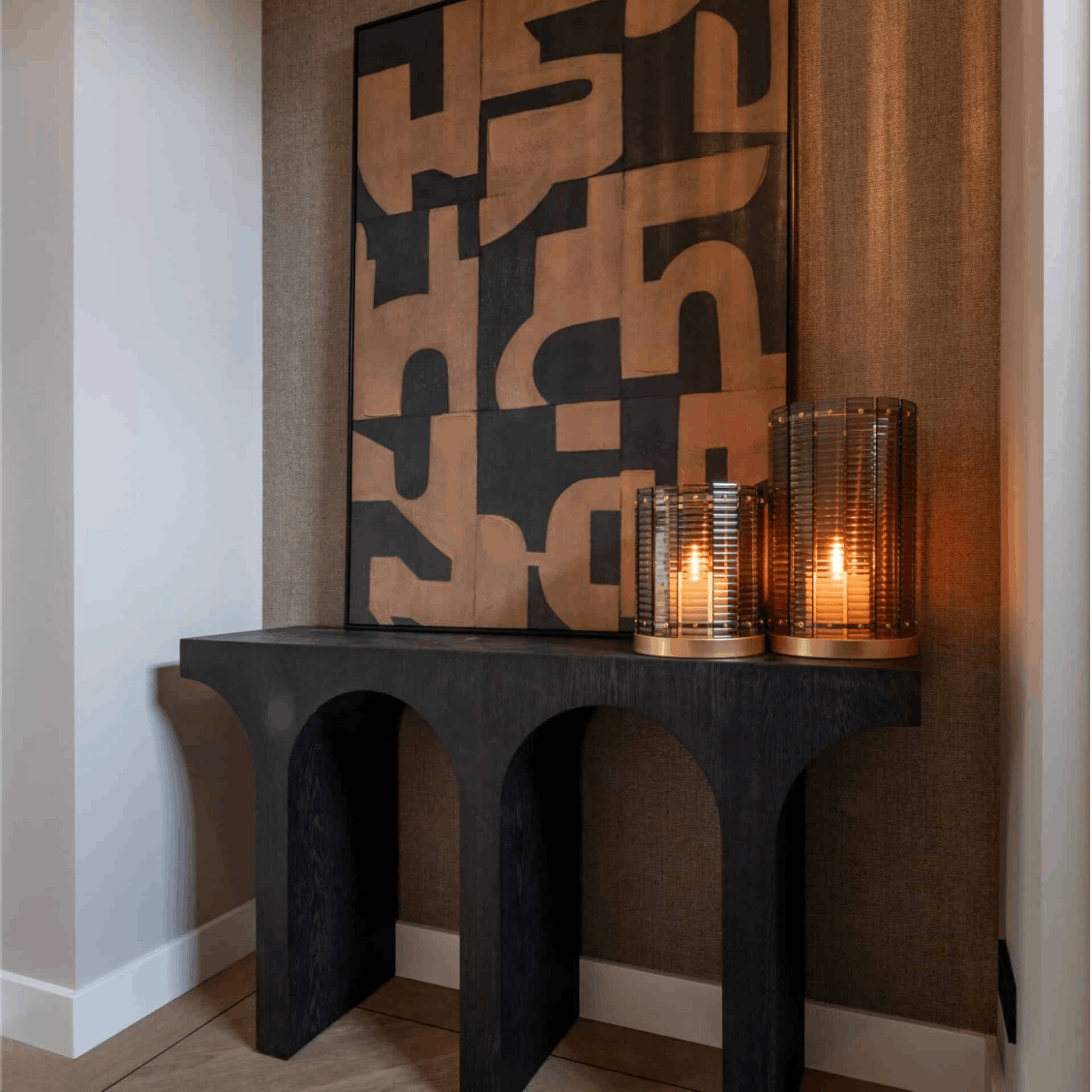 Large brown canvas wall art with tactile texture and contemporary graphic detailing, designed for warm modern living spaces.