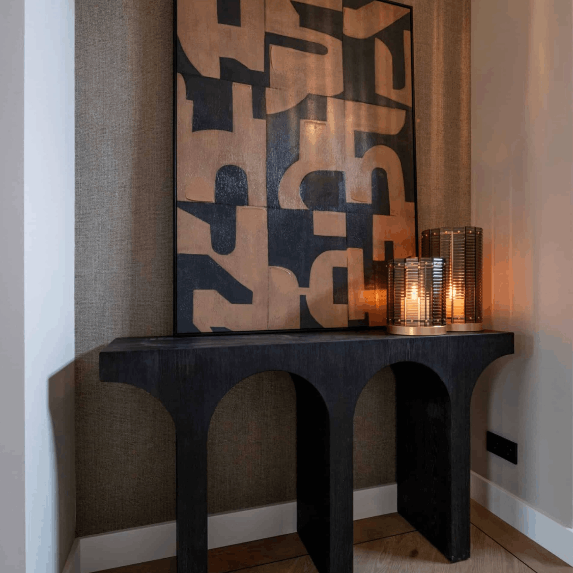 Large brown canvas wall art with tactile texture and contemporary graphic detailing, designed for warm modern living spaces.