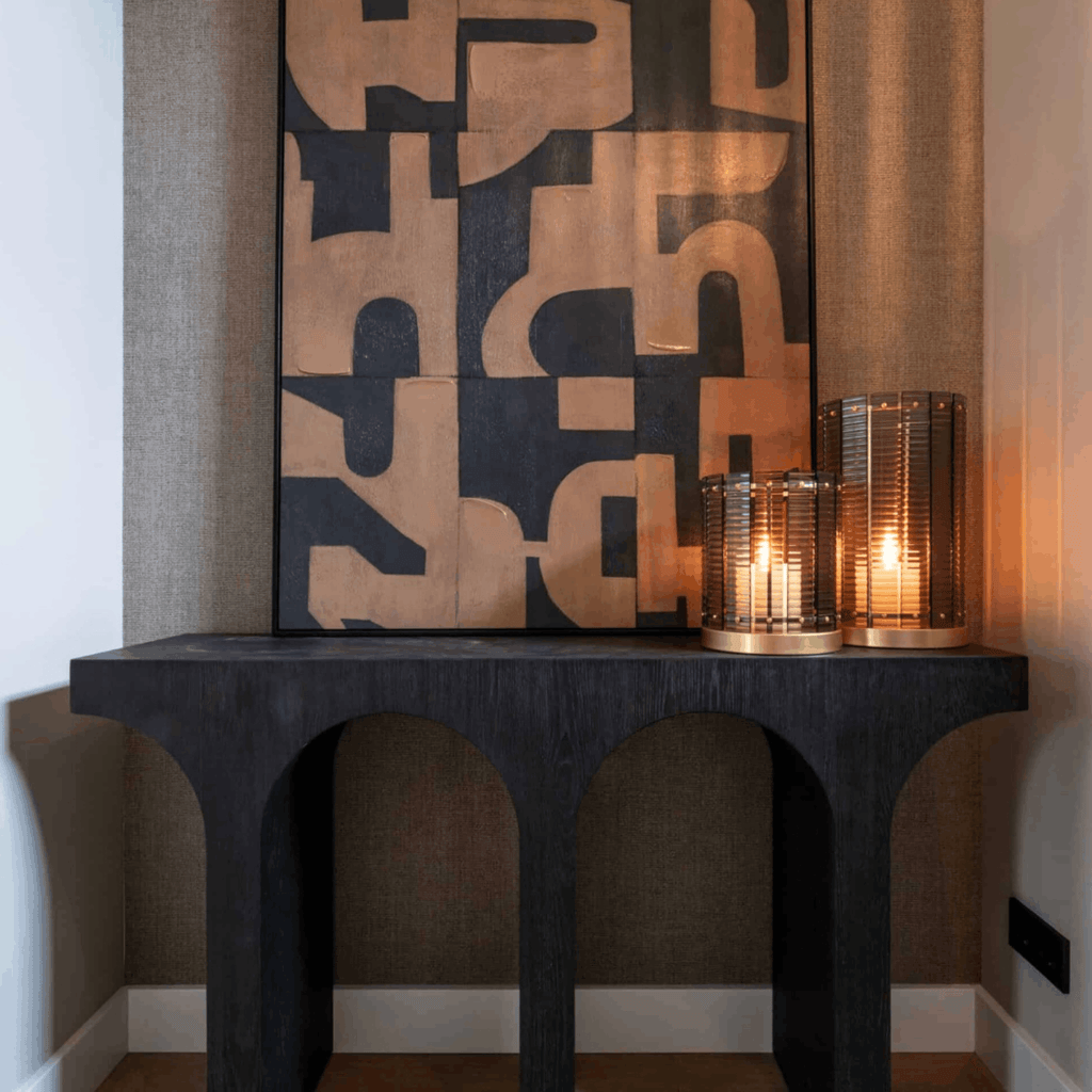 Large brown canvas wall art with tactile texture and contemporary graphic detailing, designed for warm modern living spaces.