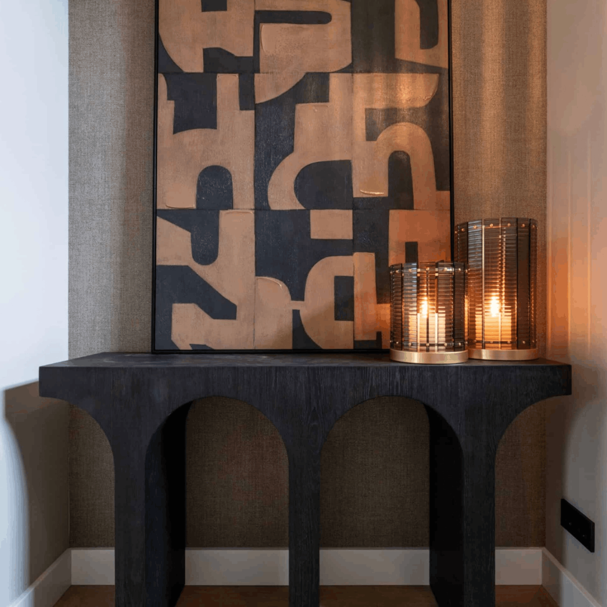 Large brown canvas wall art with tactile texture and contemporary graphic detailing, designed for warm modern living spaces.