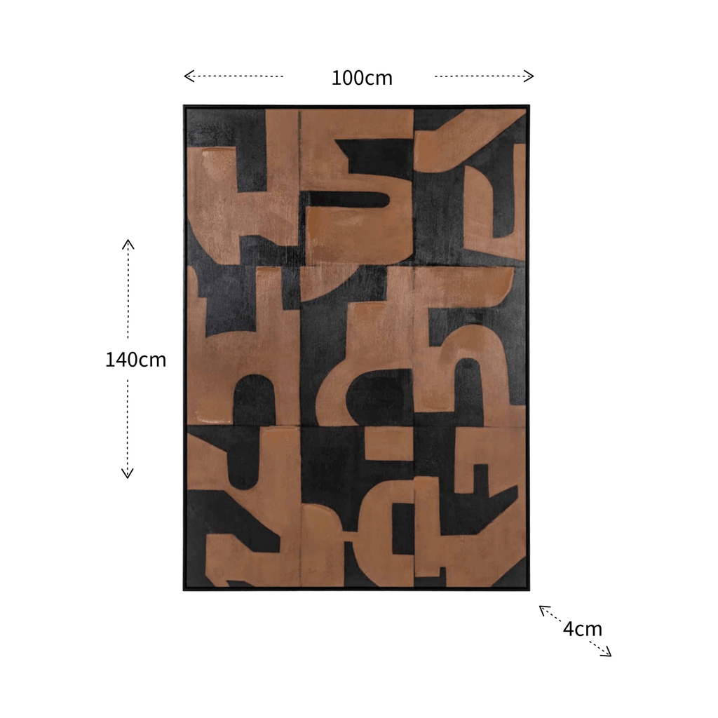 Dimensions of  a Large brown canvas wall art with tactile texture and contemporary graphic detailing, designed for warm modern living spaces. 