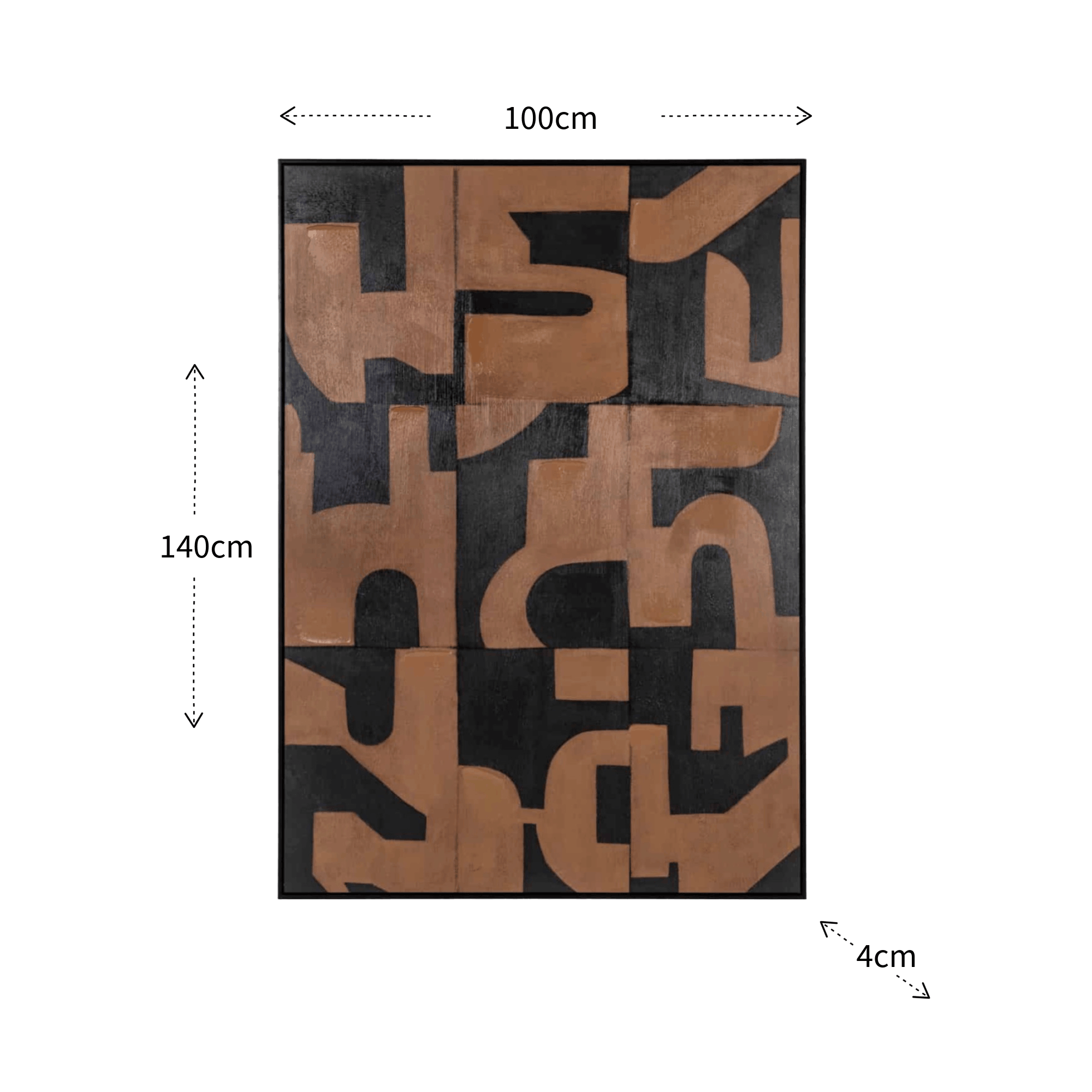 Dimensions of  a Large brown canvas wall art with tactile texture and contemporary graphic detailing, designed for warm modern living spaces. 