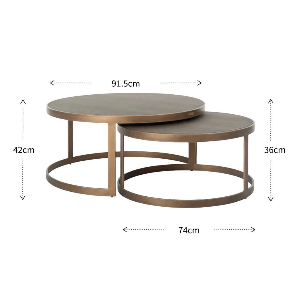 Set of two Bloomingville round coffee tables with dimensions labeled on a white background