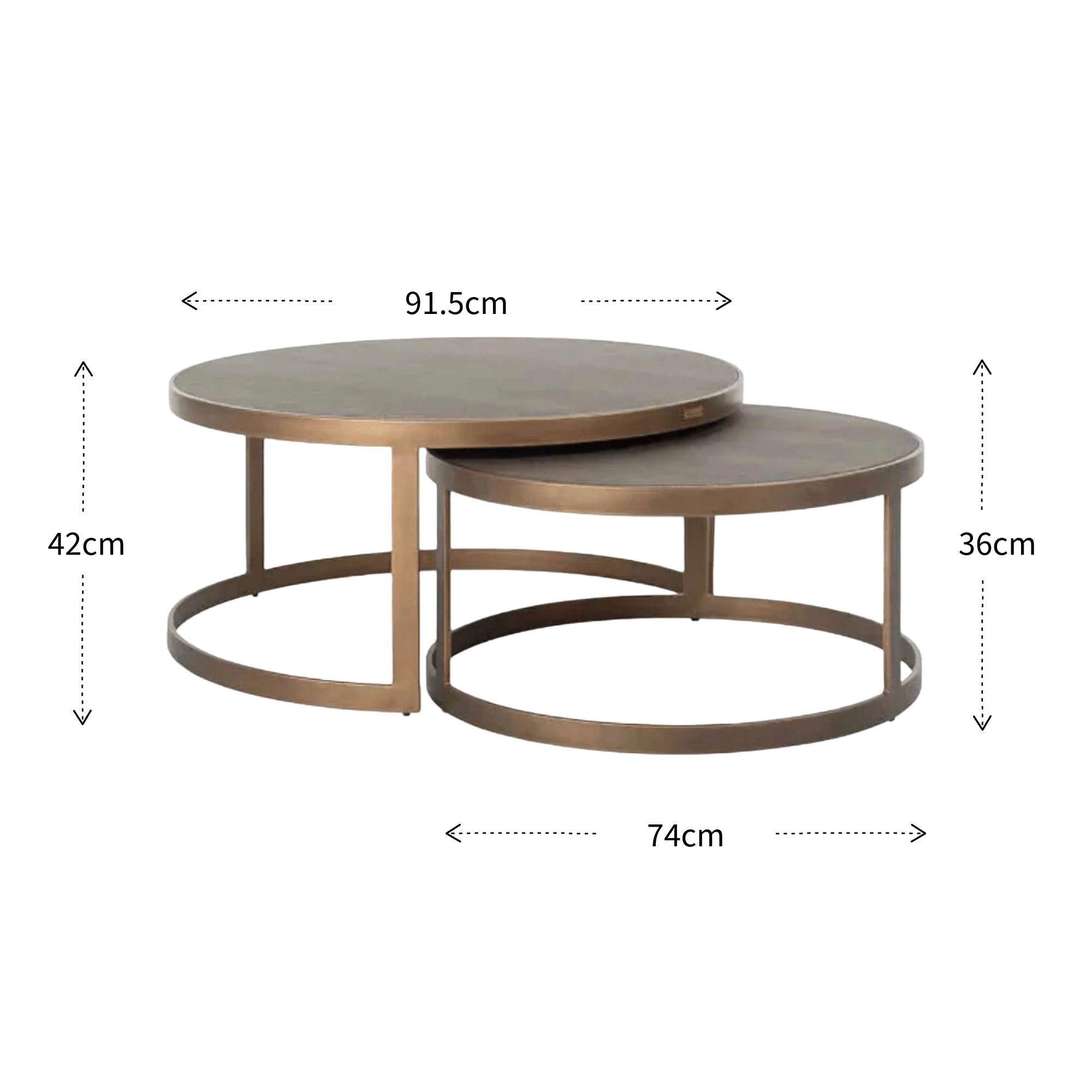 Set of two Bloomingville round coffee tables with dimensions labeled on a white background