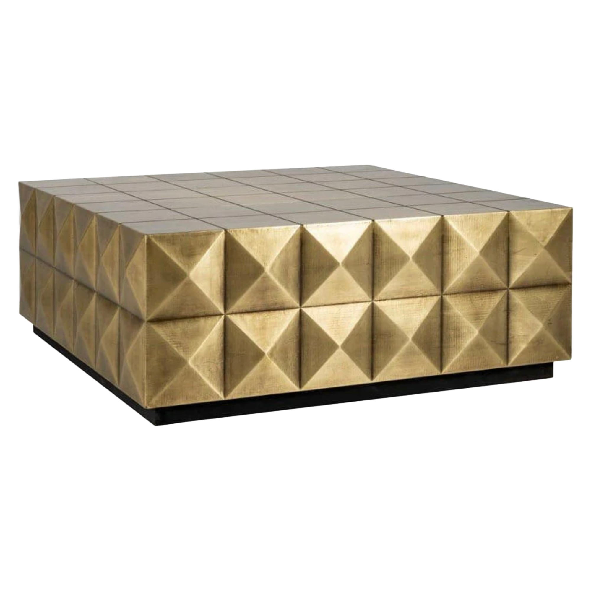 Square coffee table in brushed gold with glass top, crafted from brass for a luxurious and contemporary living room statement.