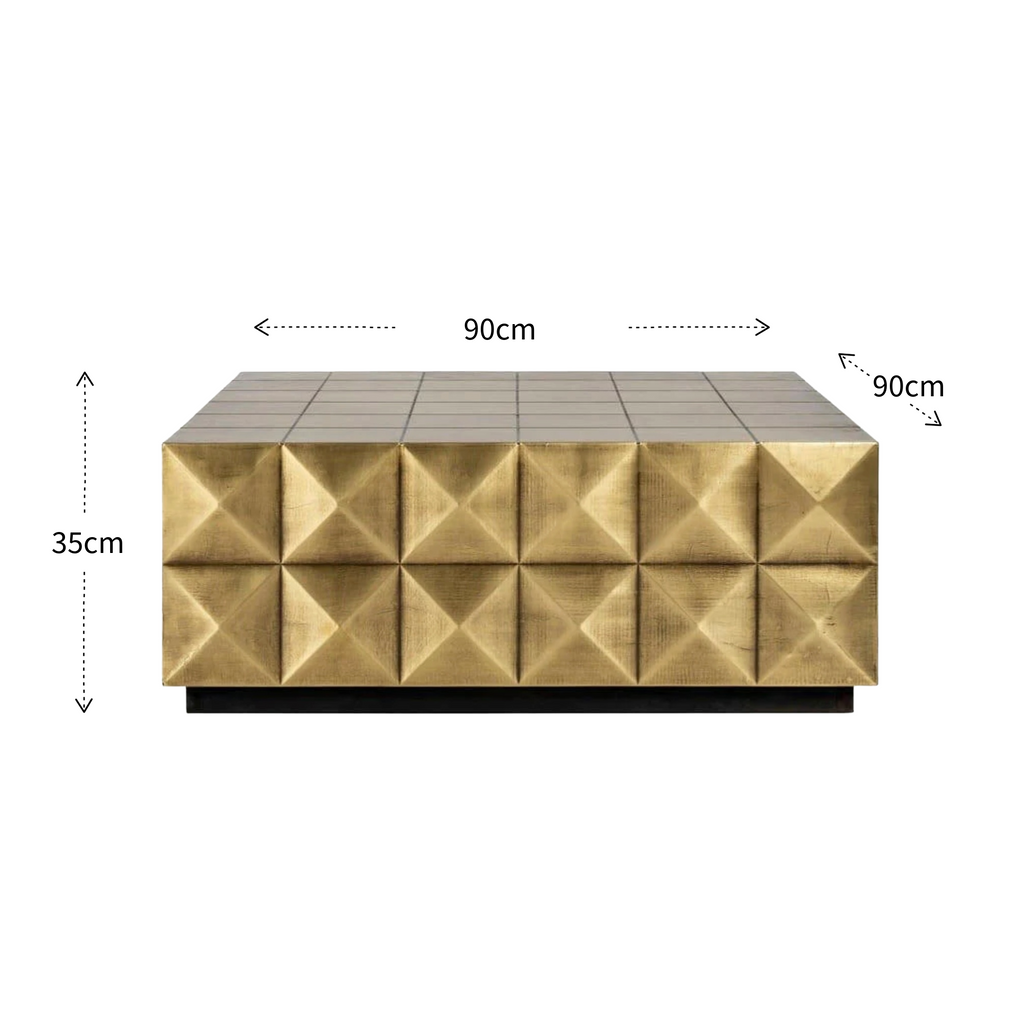 Gold geometric-patterned table with dimensions on a white background