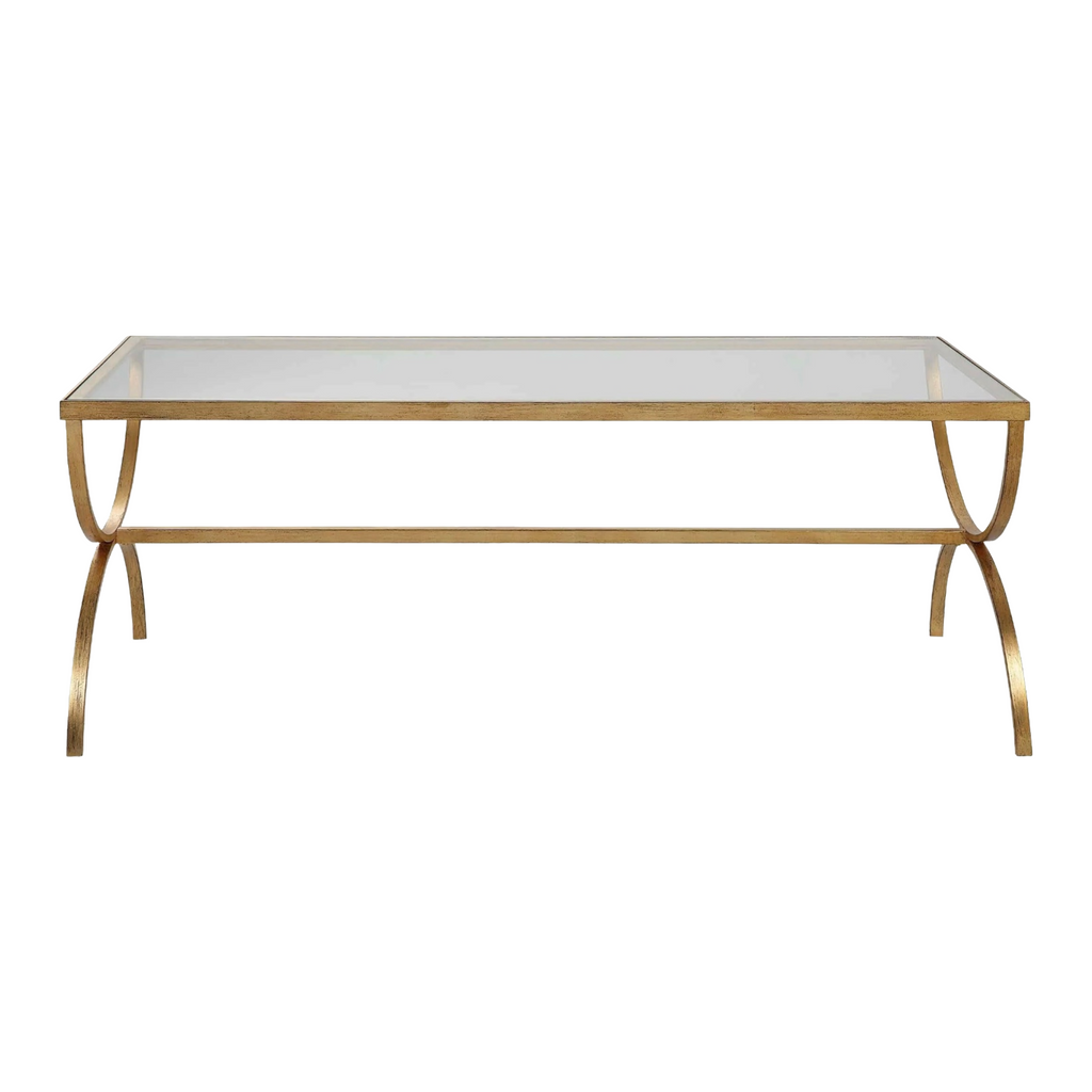 Elegant crescent coffee table featuring hand-forged iron in antique gold with tempered glass top, ideal for modern living rooms.